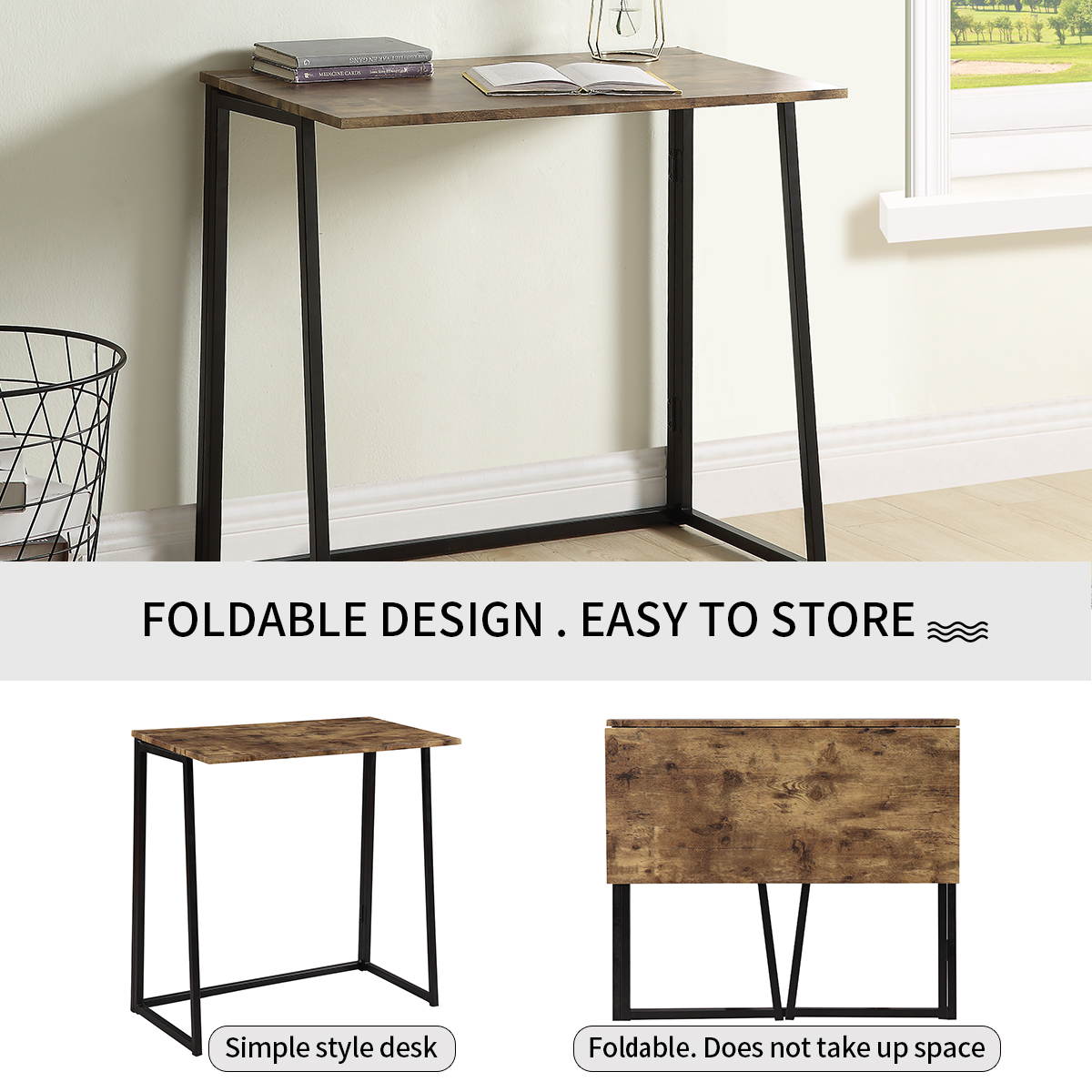 Folding Computer Desk Industrial Style Folding Laptop Table No-Assembly Small Computer Desk Gaming Desk for Small Space Offices with Brown Desktop Black Frame