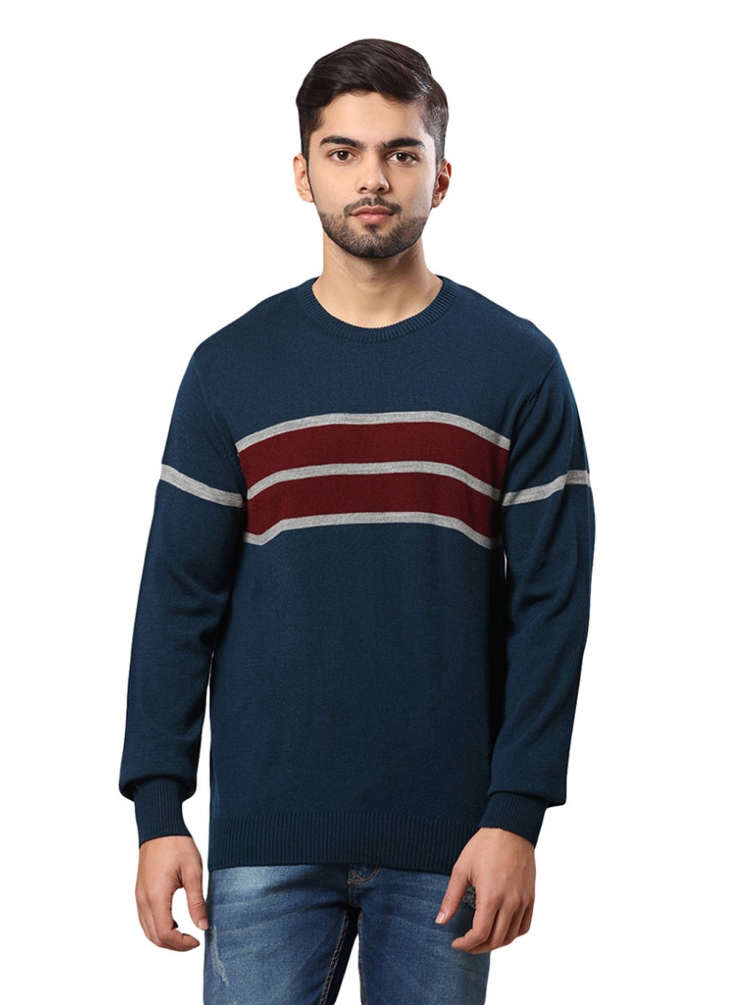 Raymond Blue & Brown Regular Fit Striped Sweater
