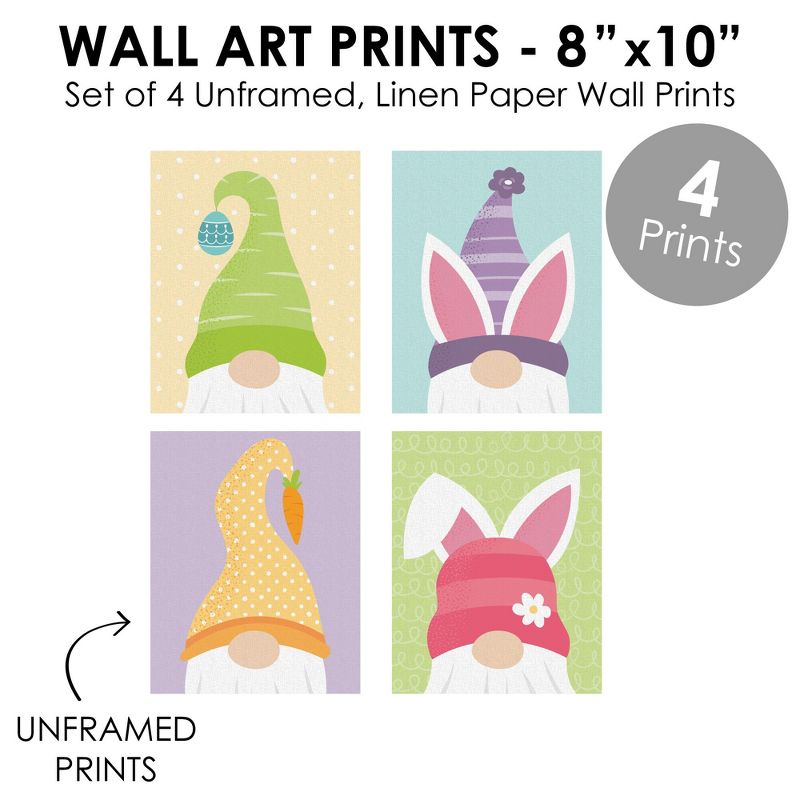 Big Dot of Happiness Easter Gnomes - Unframed Spring Bunny Linen Paper Wall Art - Set of 4 - Artisms - 8 x 10 inches