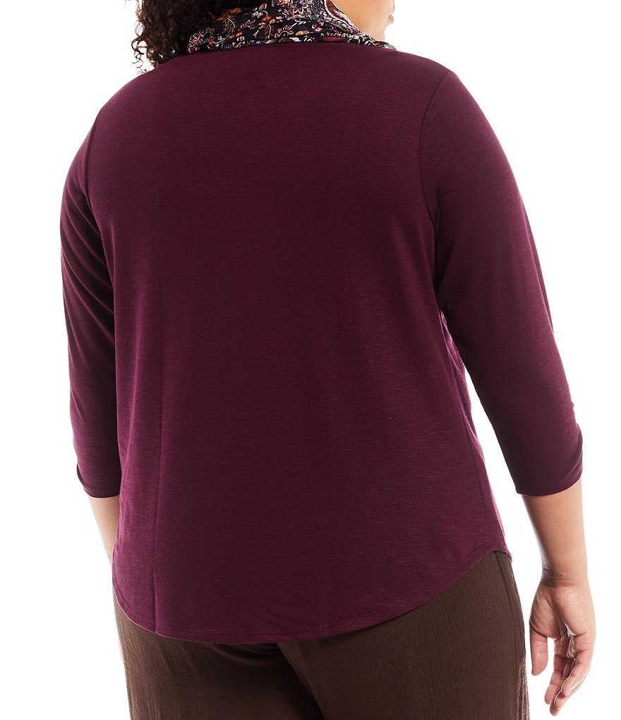 I.N. Studio Plus Size Hacci Knit 3/4 Ruched Sleeve Jewel Neck Paisley Print Scarf Top