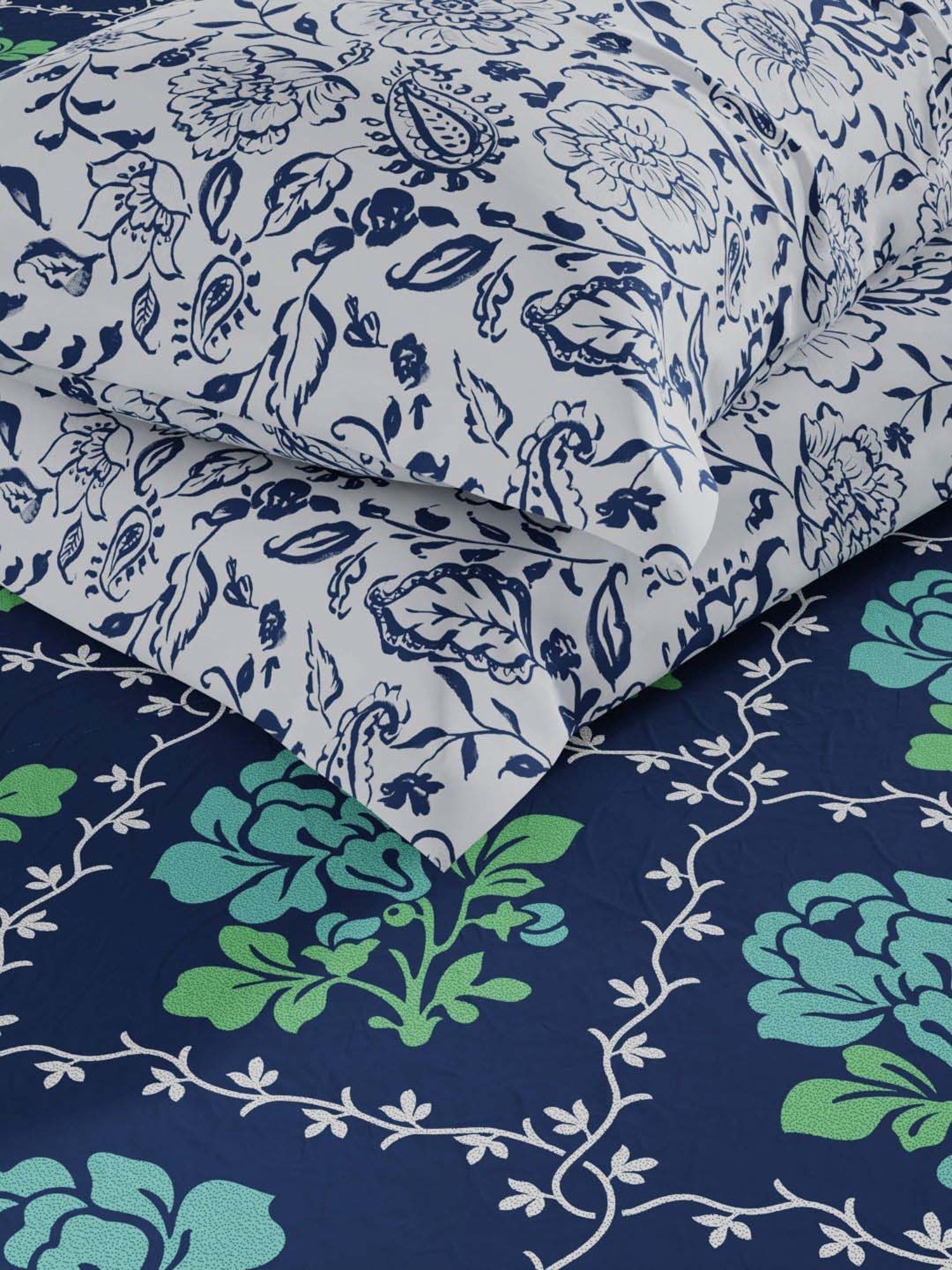Bianca Magnolia Green & Navy 152 TC Micro Fabric Double Bedsheet with 2 Pillow Covers