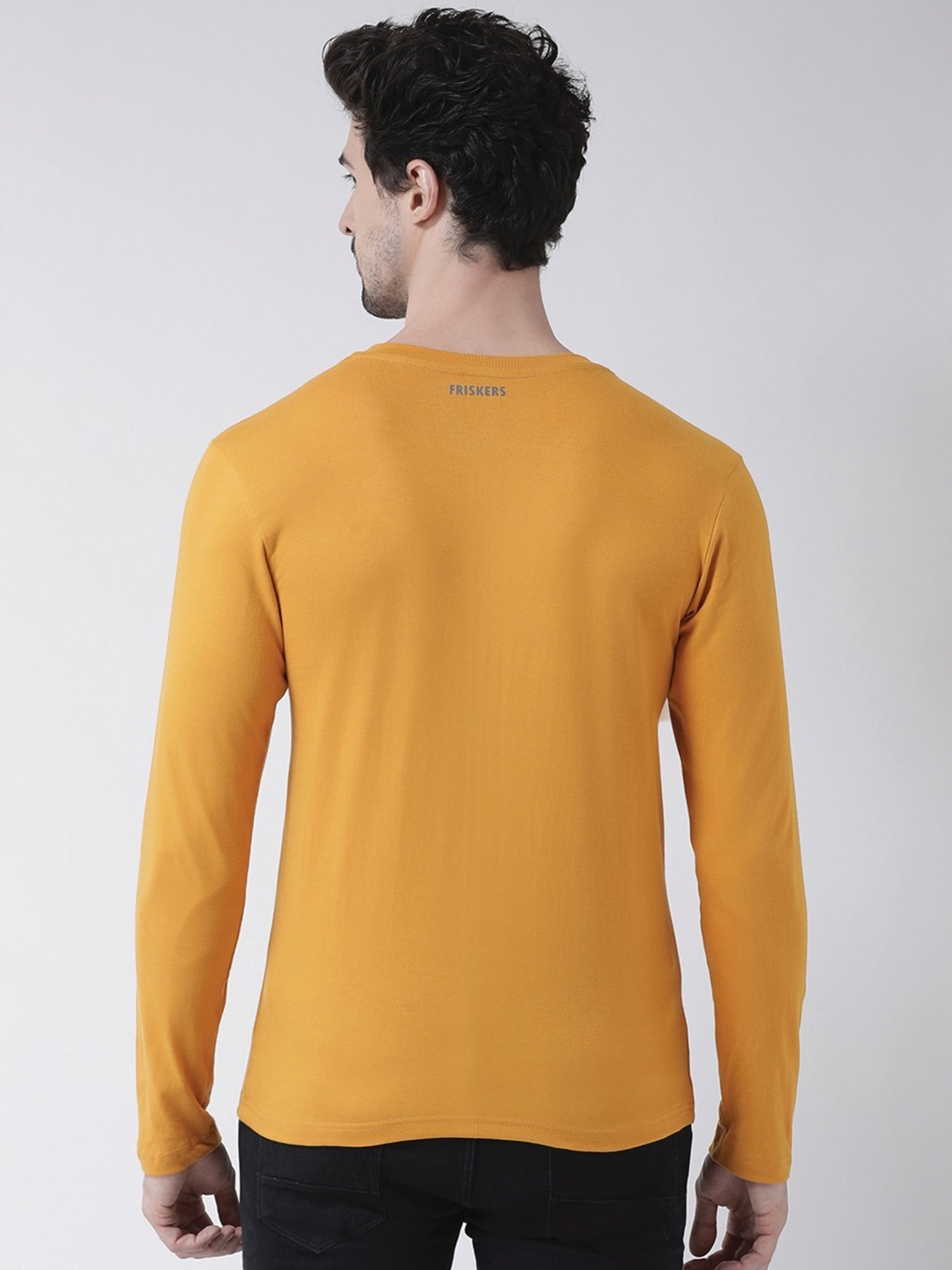 Friskers Mustard Cotton Slim Fit Printed T-Shirt