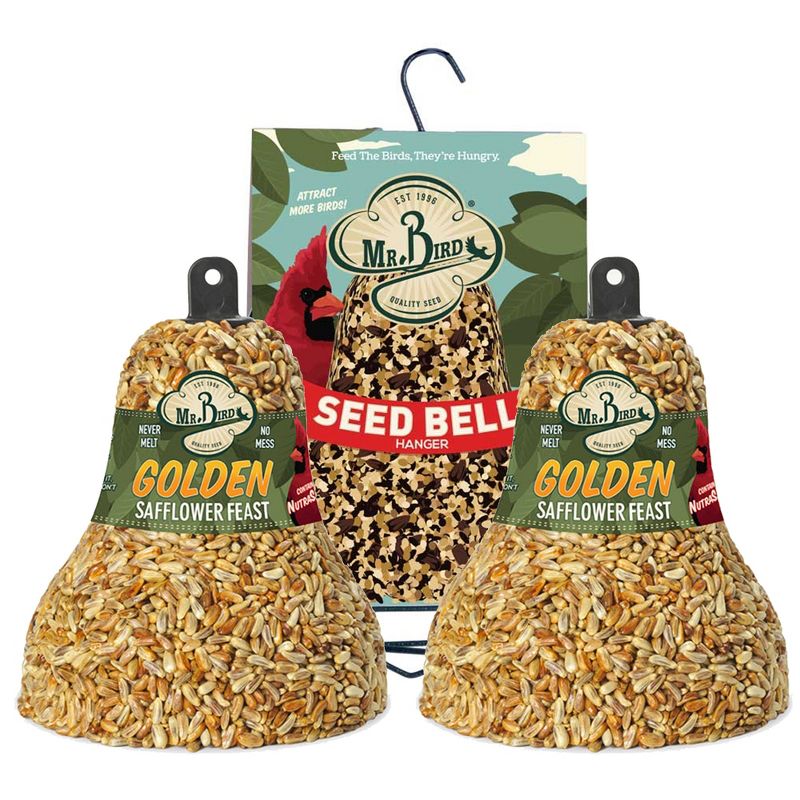 Home & Garden 7.5" Golden Safflower Bell & Hanger Bird Set/3 Cardinal Feeding Mr Bird  -  Bird And Wildlife Food