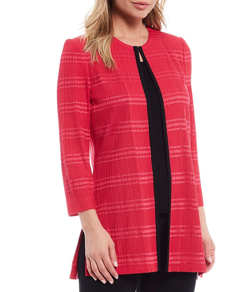 Ming Wang Bracelet Sleeve Tonal Stripe Crew Neck Jacket