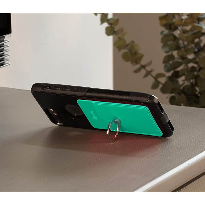 PU Leather Cell Phone WalletPocketCard Holder with Ring Stand for Mobile Devices Adhesive Sticker Back Seafoam