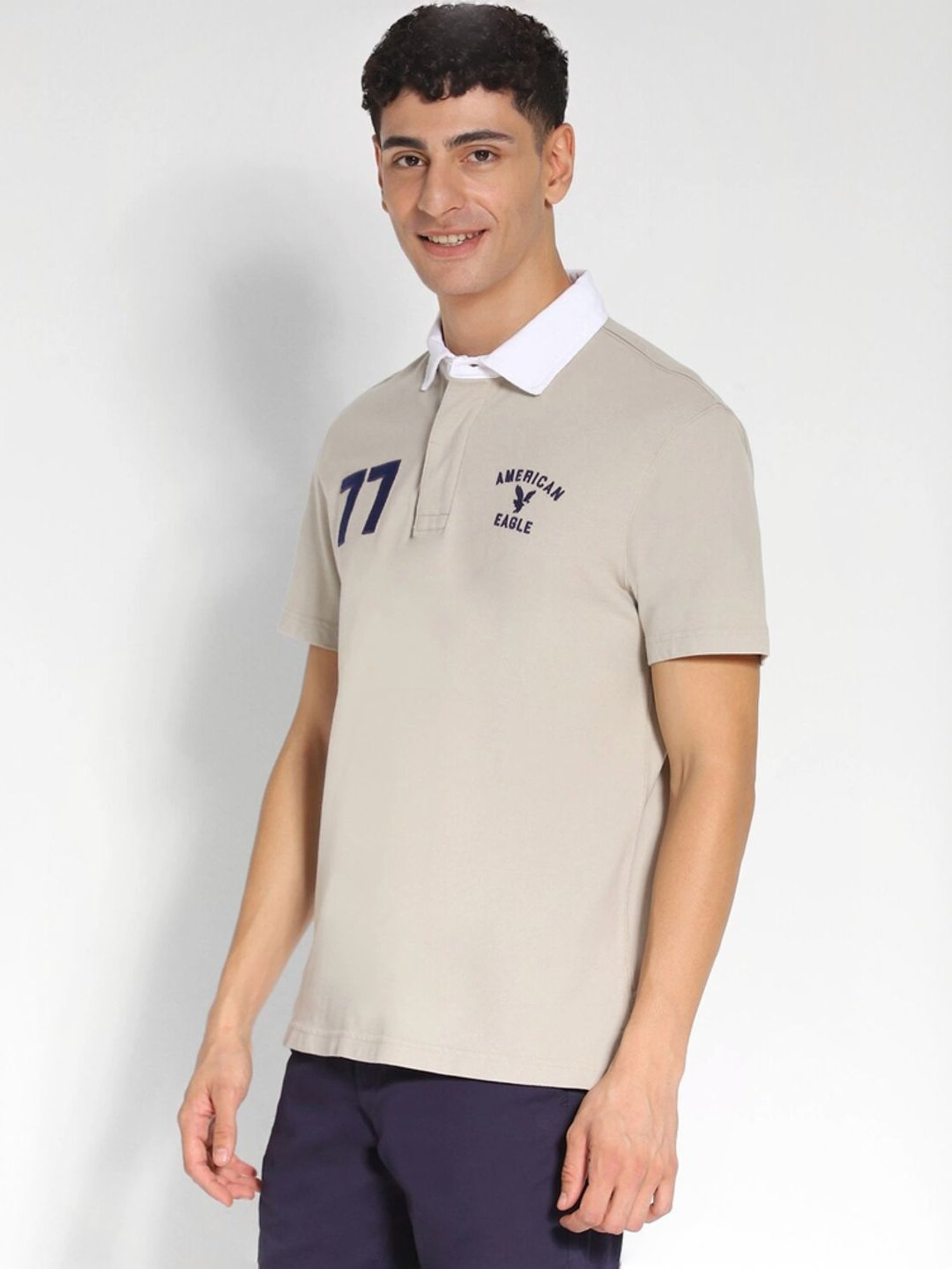 American Eagle Beige Cotton Regular Fit Embroidered T-Shirt