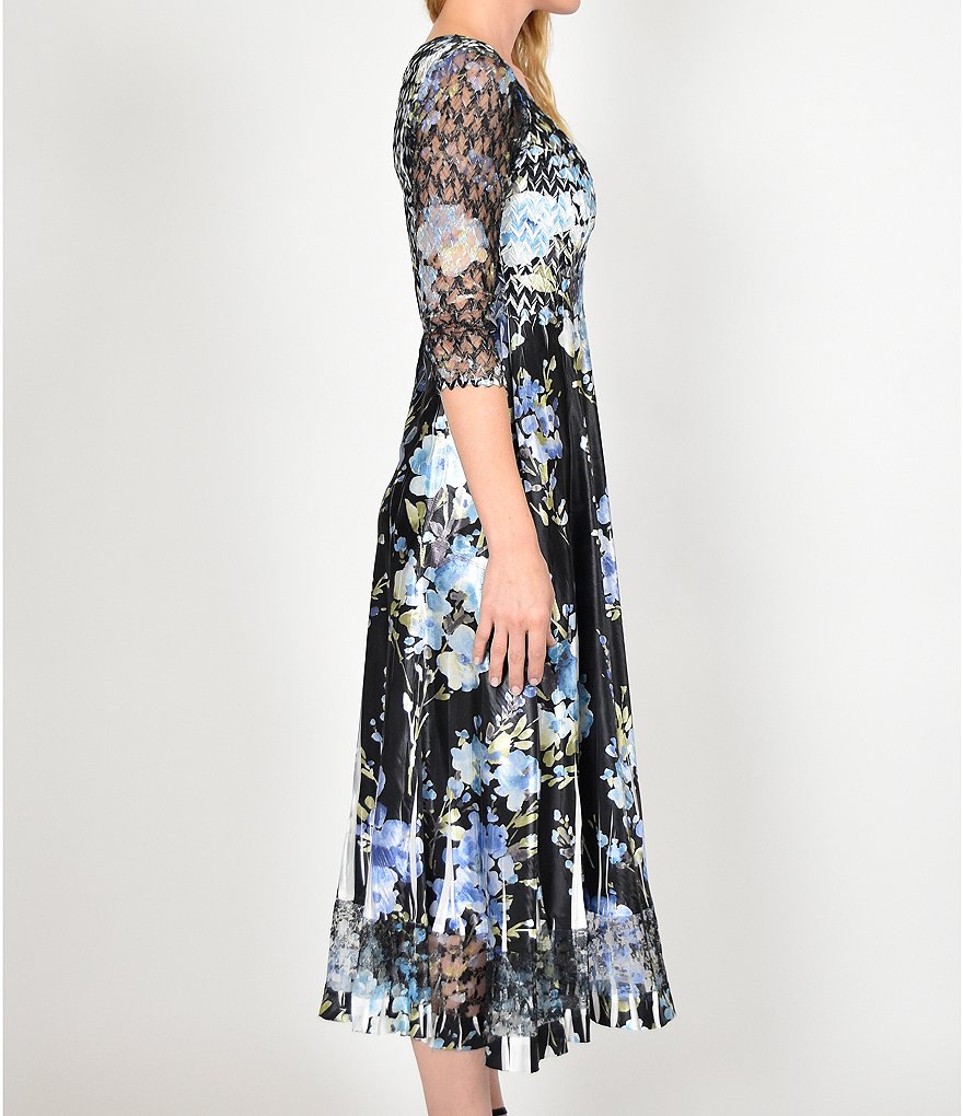 Komarov V-Neck 3/4 Sleeve A-Line Floral Print Midi Dress