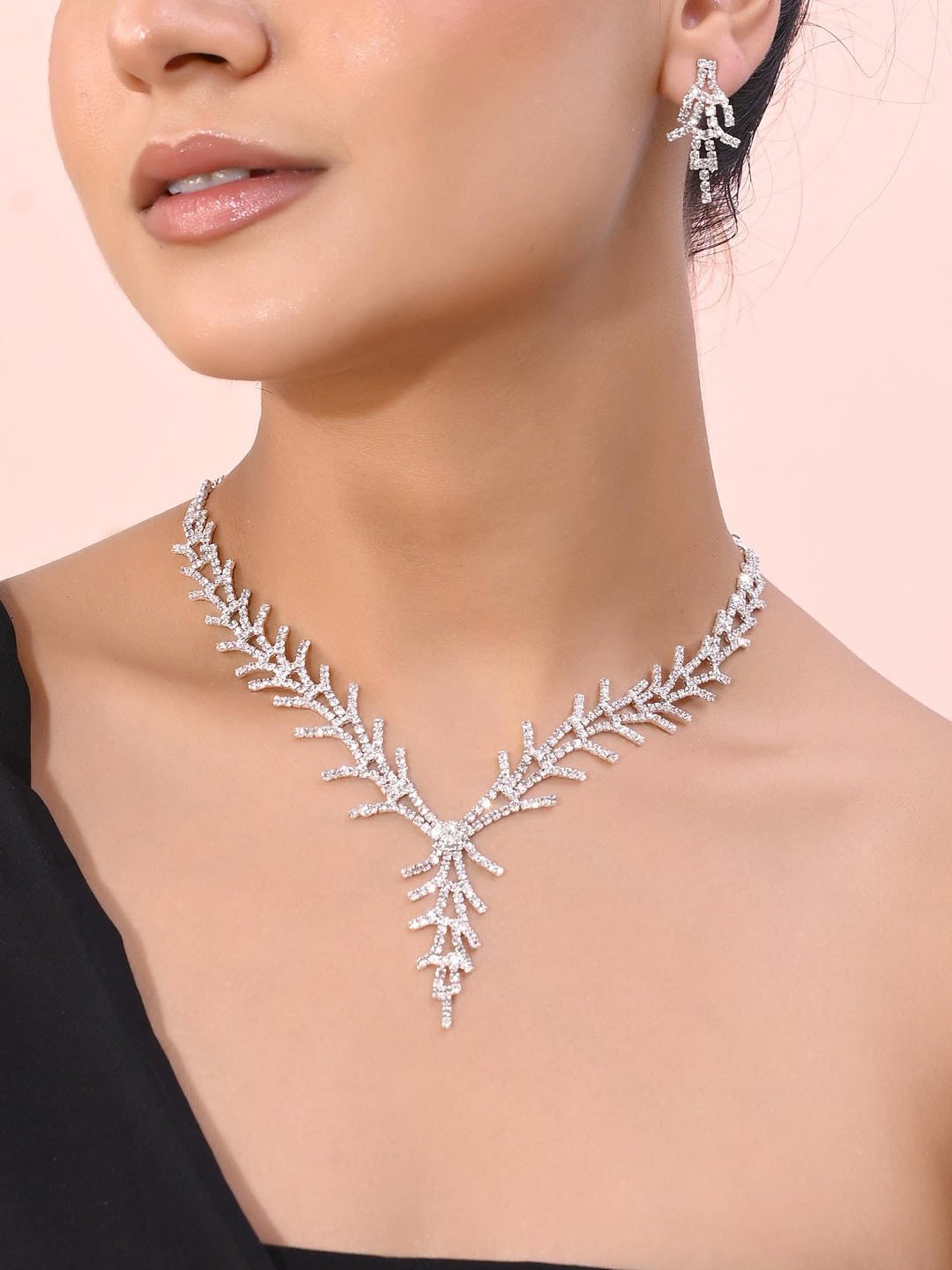 VOJ Ad Stone Studded Silver Plated Designer Jewellery Set for Women