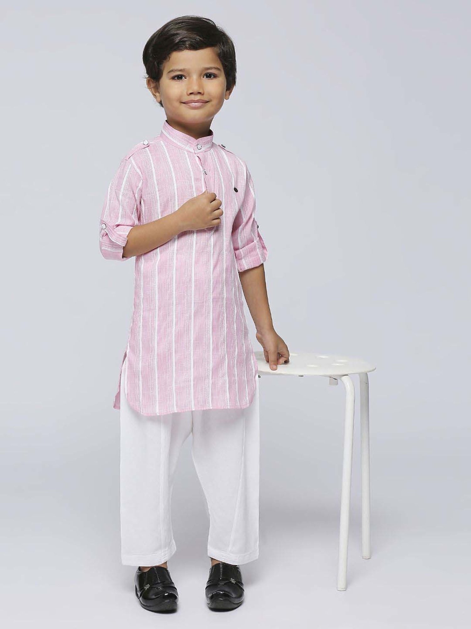 Kids Island Boys Pink Striped Full Sleeves Kurta Set