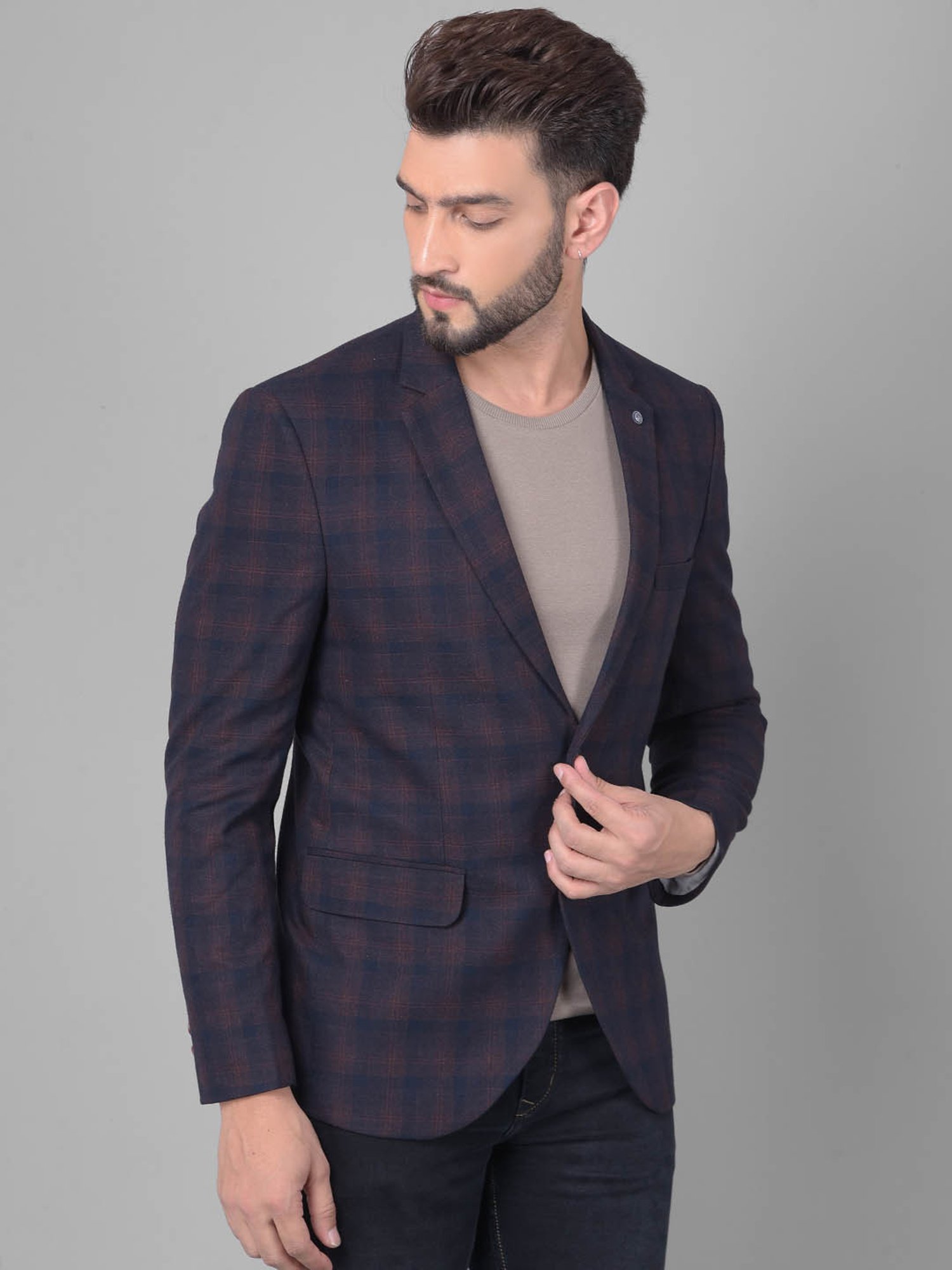 Crimsoune Club Navy Blue Slim Fit Checks Blazer