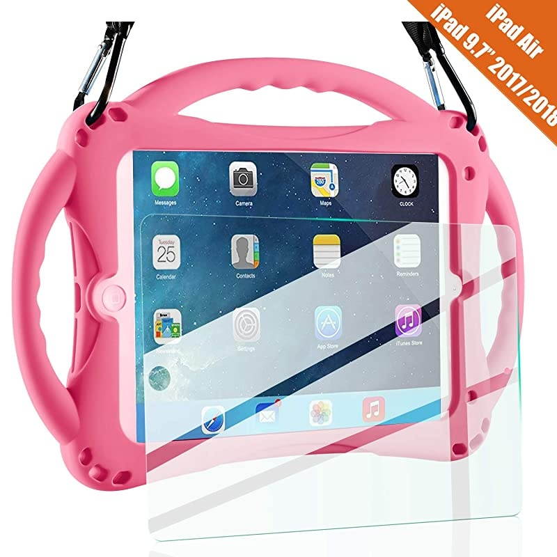 Kids Case for New iPad 20172018 97 inch Case Shockproof Silicone Handle Stand Case CoverTempered Glass Screen Protector For Apple iPad 6th5th Generation and iPad AirPink