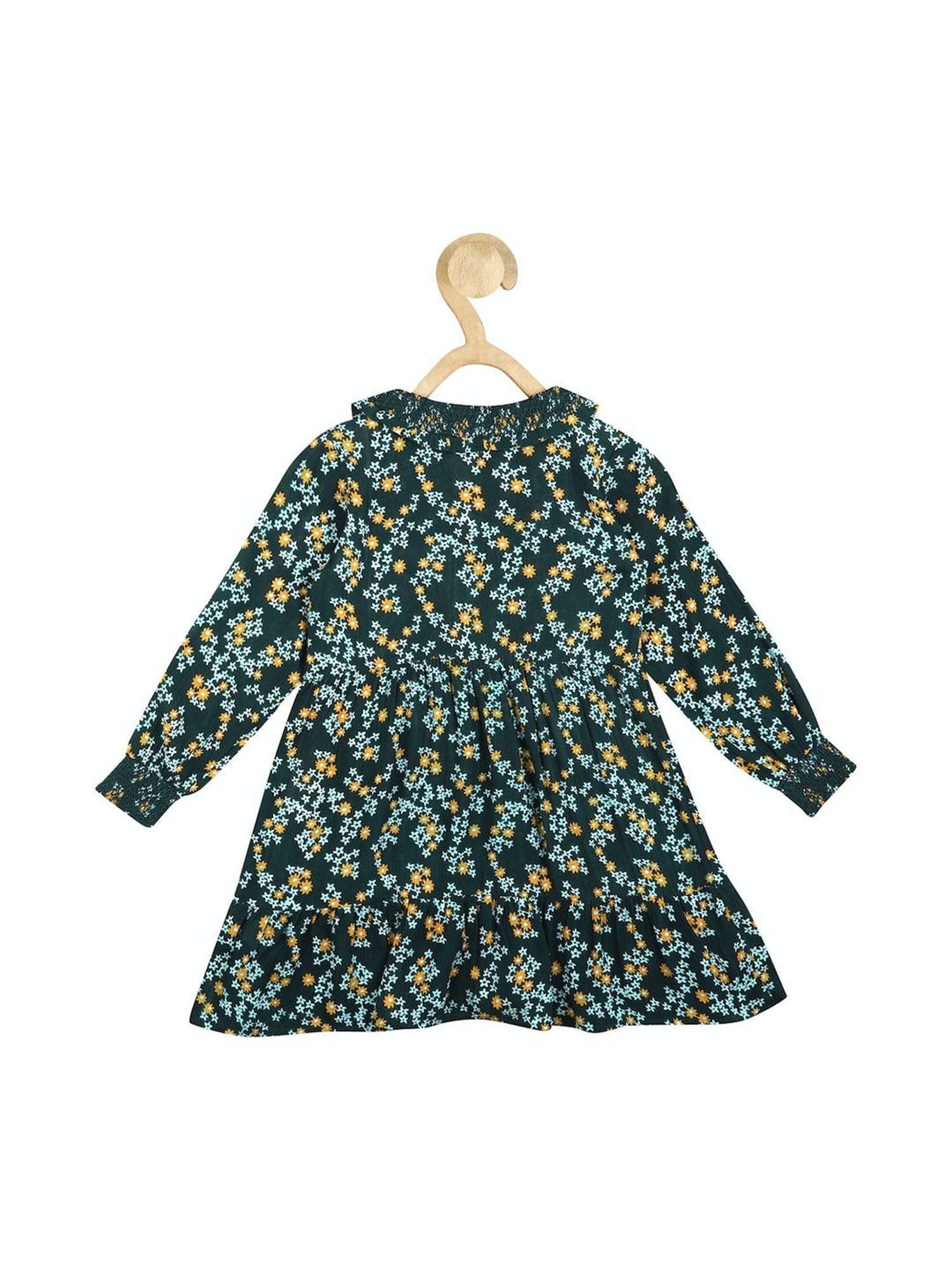 Peter England Kids Dark Green Floral Print Full Sleeves Dress