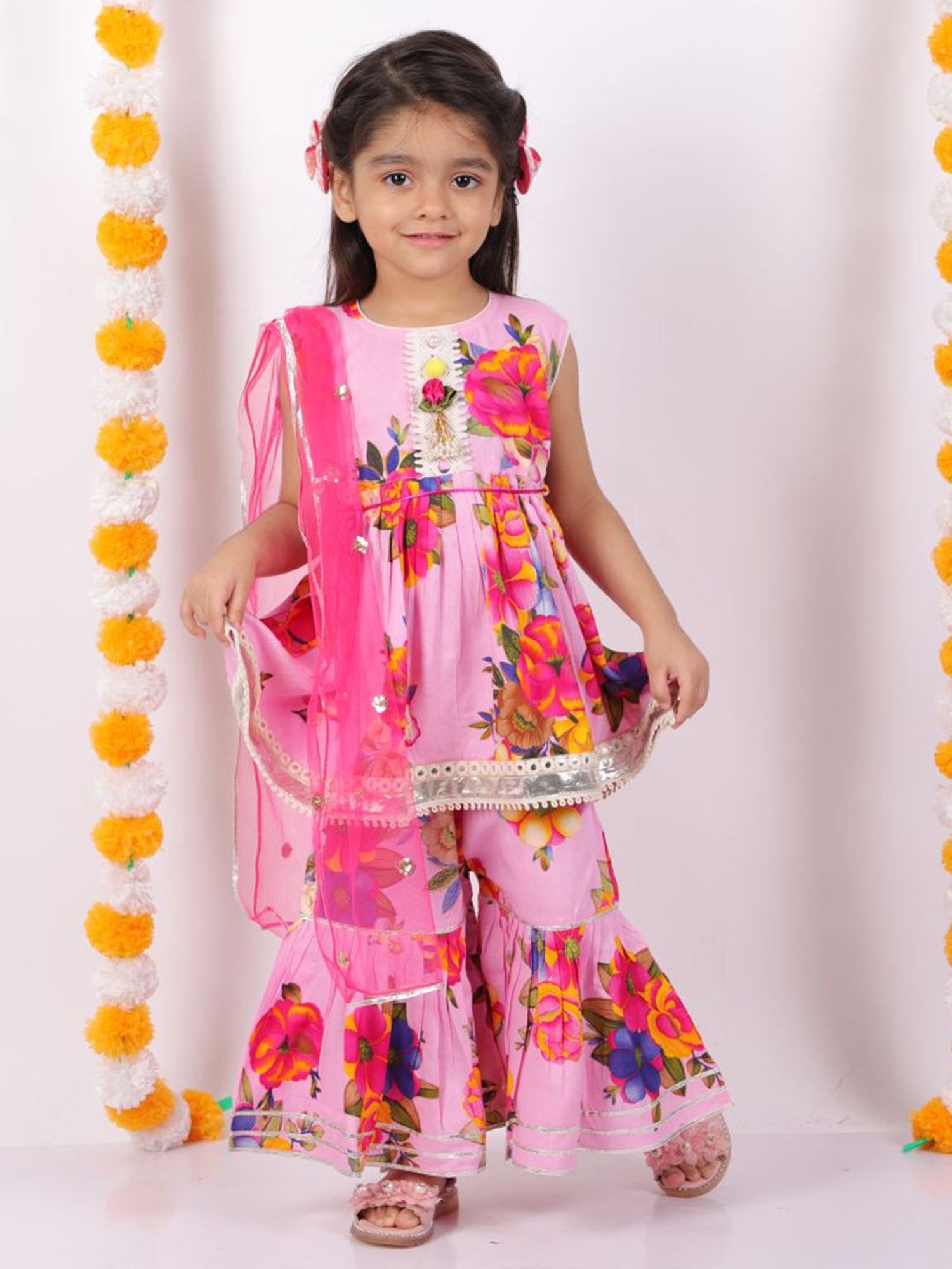 Little Bansi Kids Pink Cotton Printed Suit Set