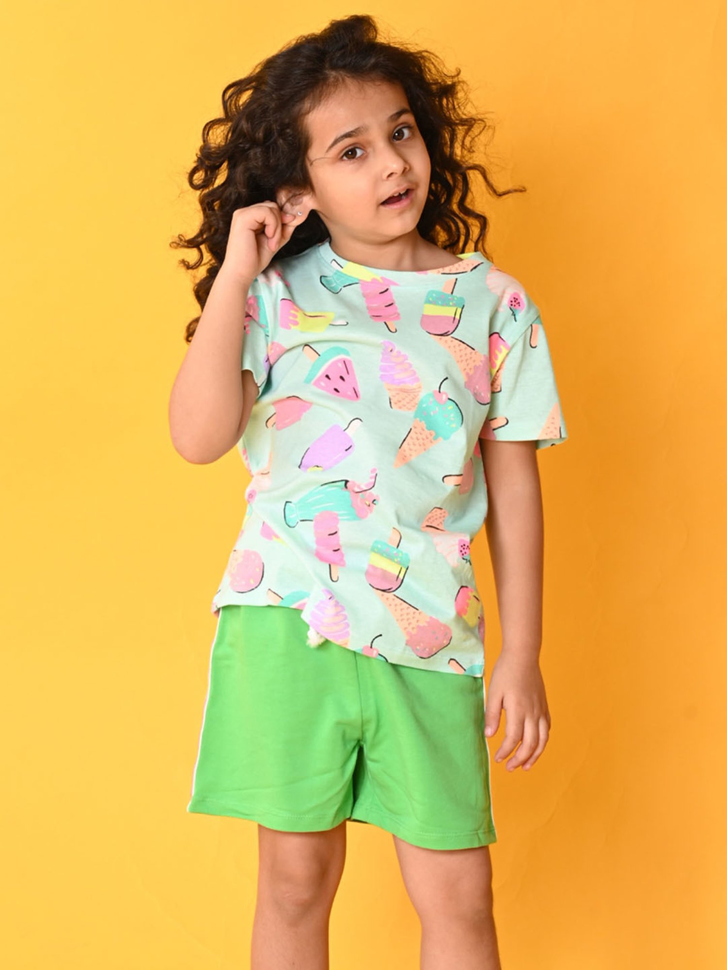 Anthrilo Kids Blue & Green Cotton Printed T-Shirt Set