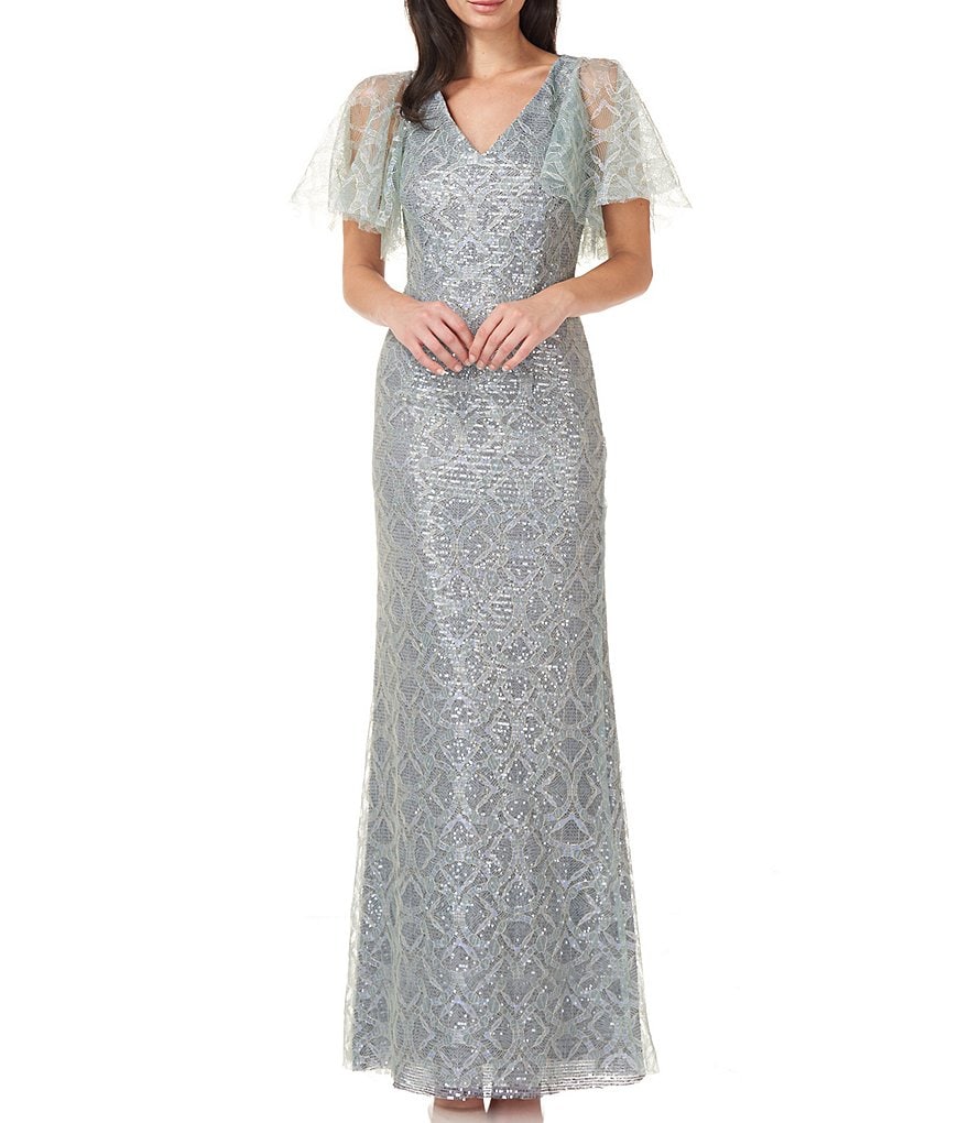 JS Collections Sequin Flutter Short Sleeve Mermaid Gown