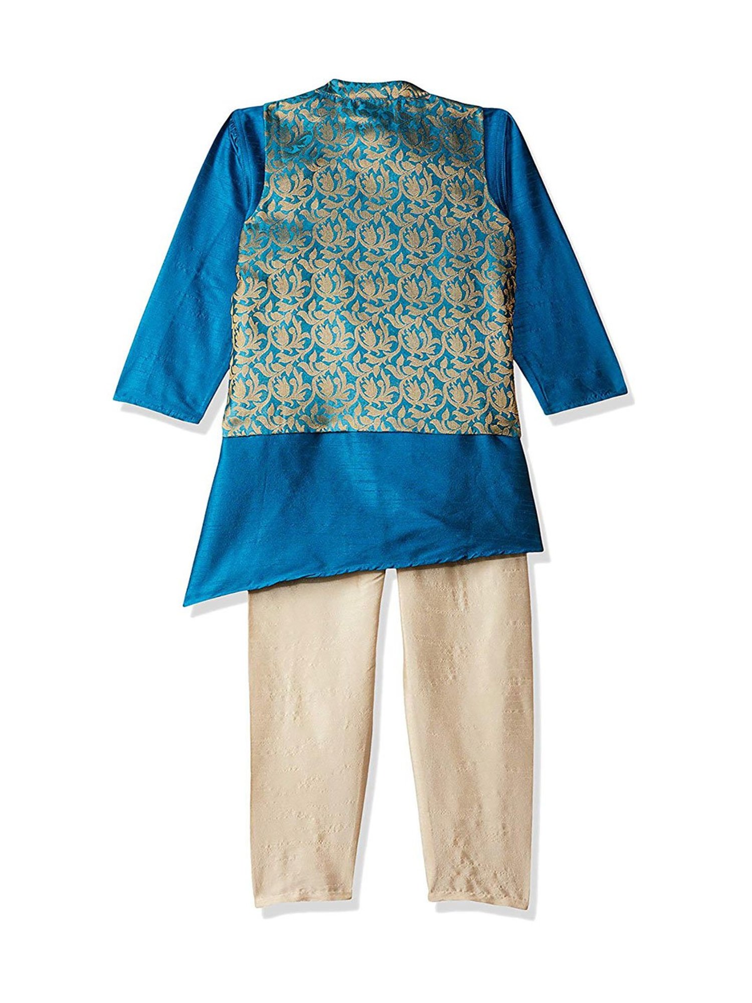 612 League Kids Blue & Beige Printed Kurta, Waistcoat With Pyjama