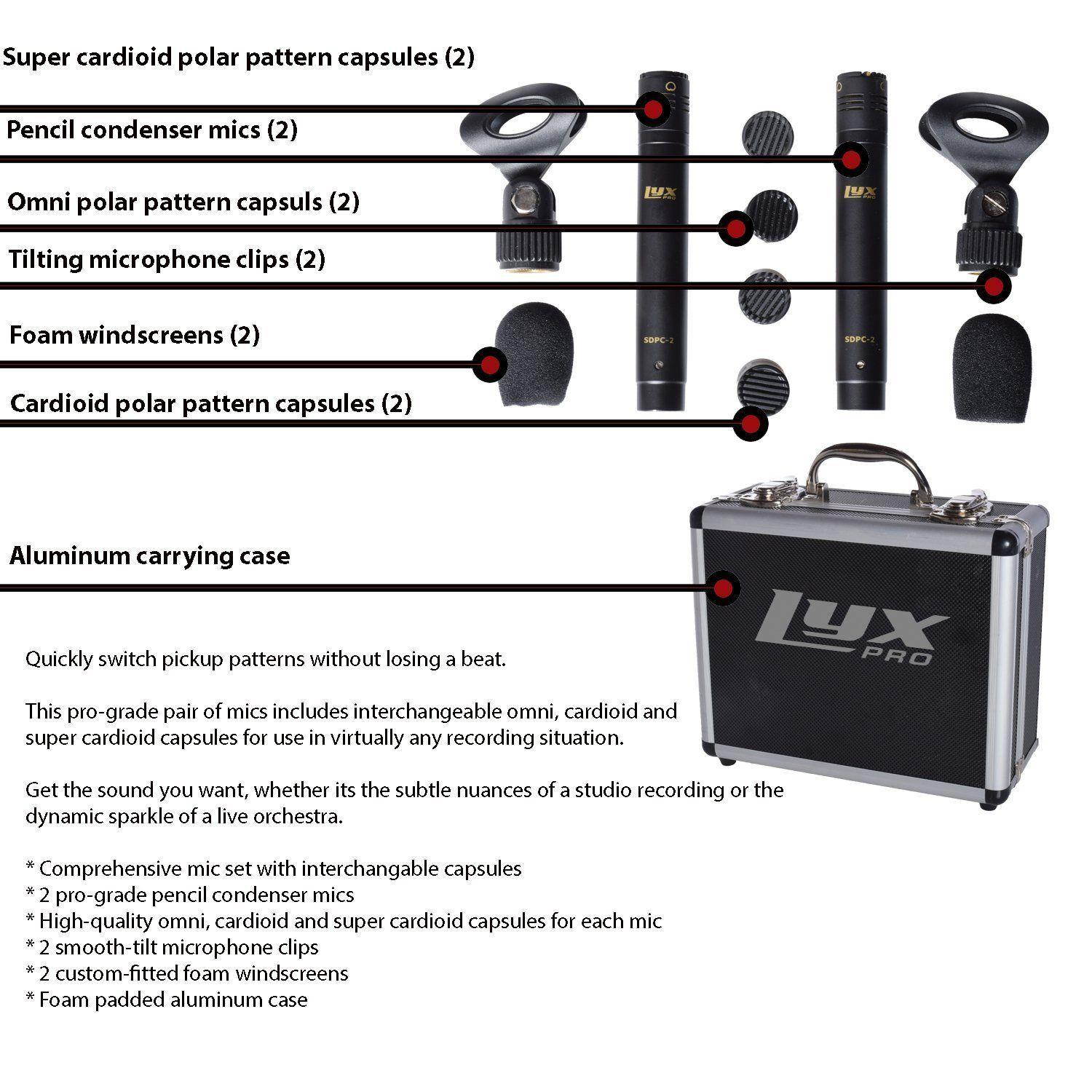 LyxPro Pencil Condenser Stick Microphones Omni, Cardioid, Super Cardioid Capsule
