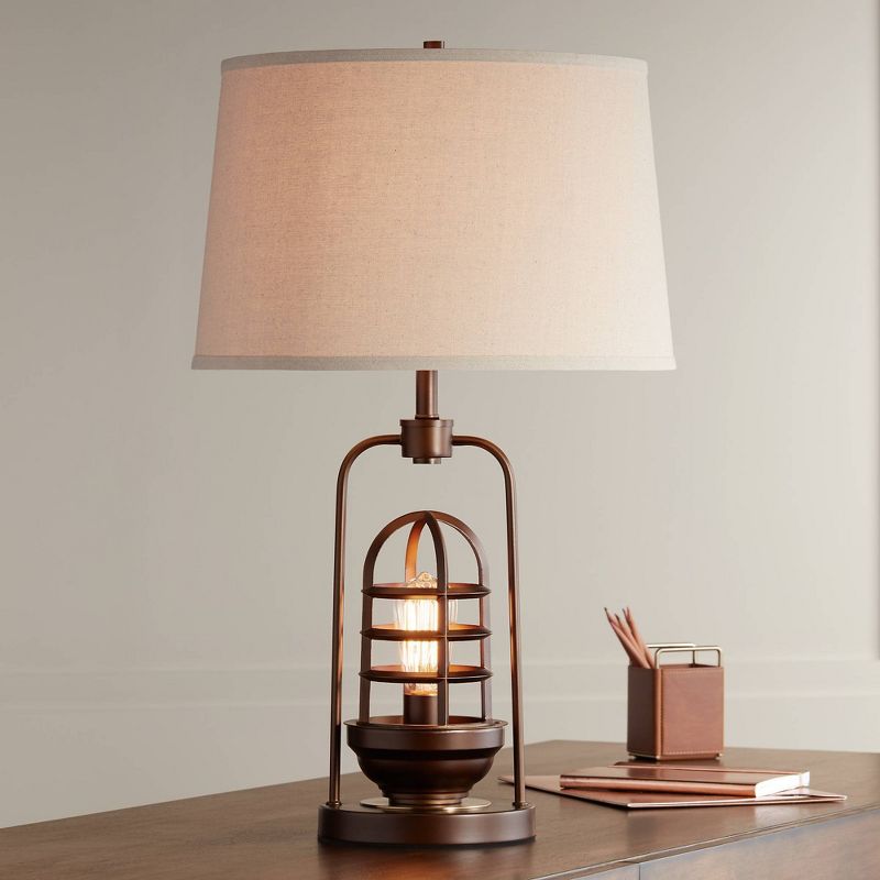 Possini Euro Design Industrial Table Lamp Oil Rubbed Bronze Clear Glass Burlap Tapered Drum Shade for Living Room Bedroom Bedside