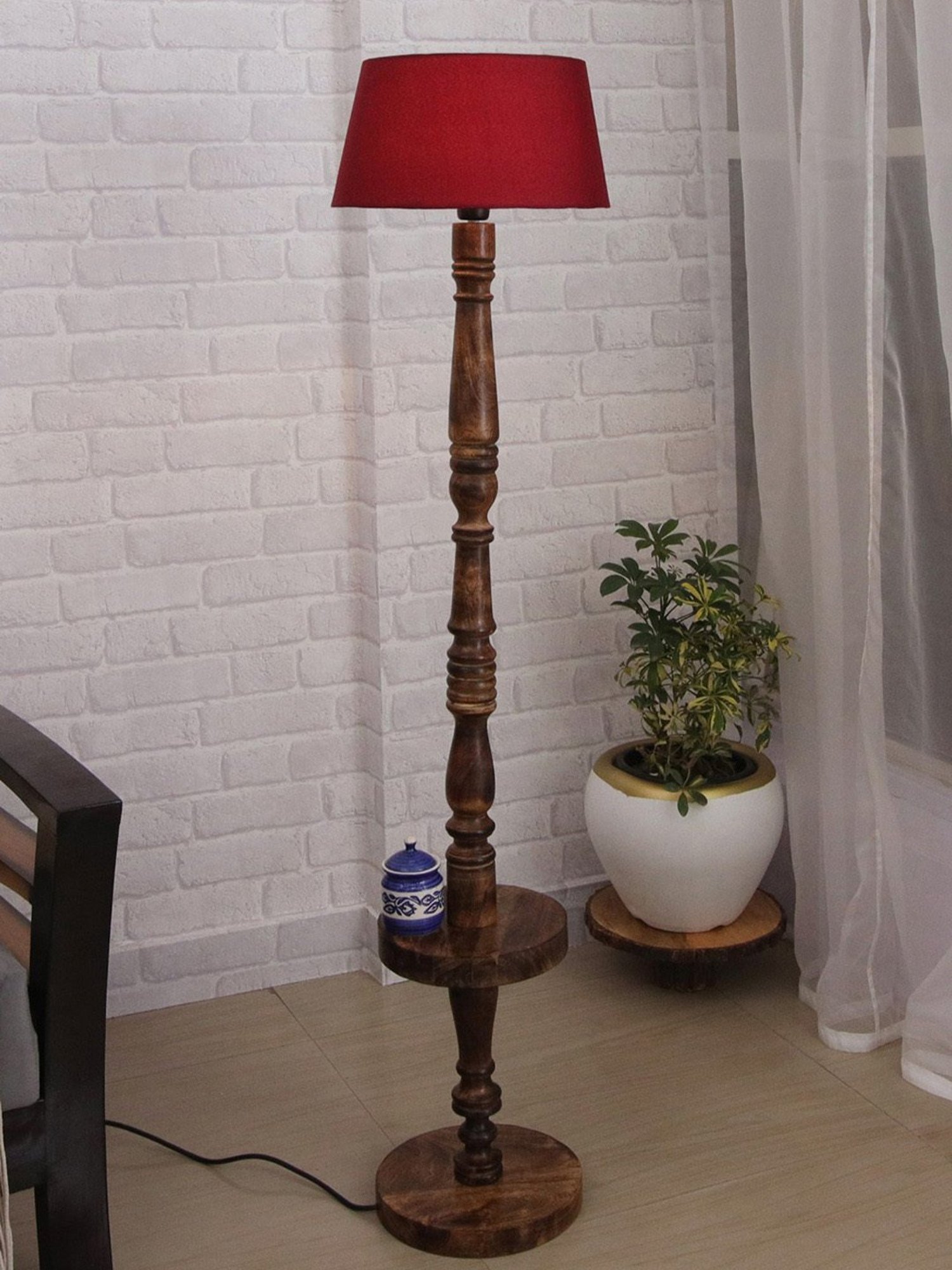 Homesake Classic Round Red & Brown Walnut Wooden Floor Lamp with Shade - Set of 1