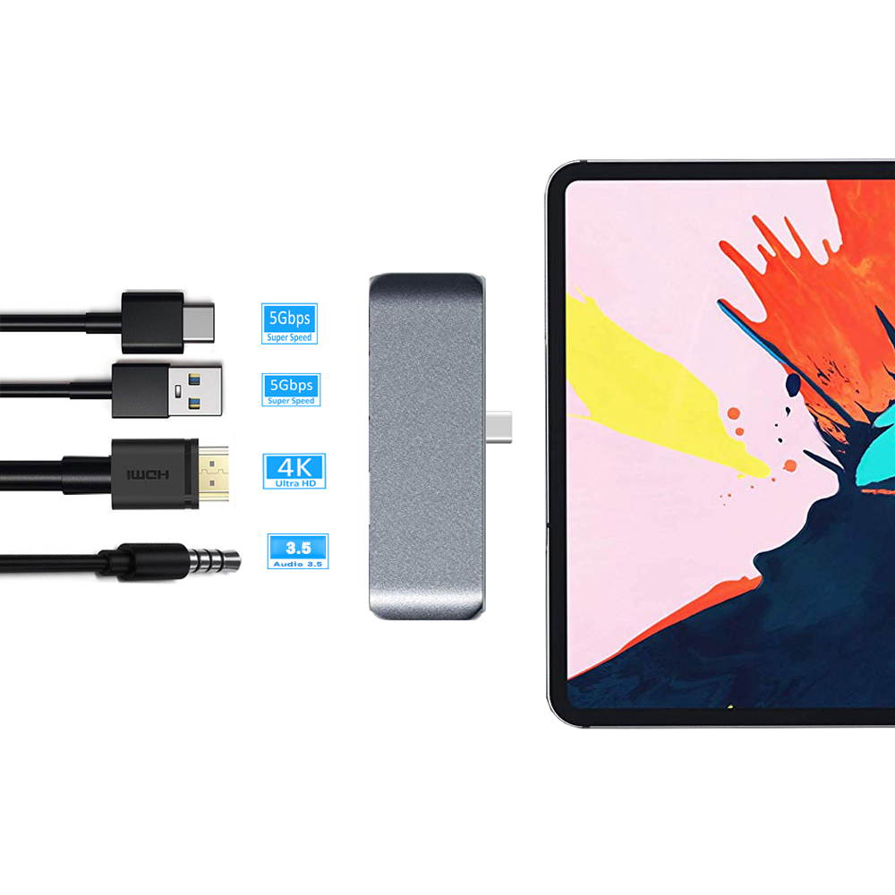 ESTONE USB C Hub Adapter for iPad Pro Accessories 2018 12.9" 11", 4 in 1 Type C Dongle Docking Station with HDMI Converter, 3.5mm Headphone Jack, USB-C PD Charging, USB 3.0, Silver