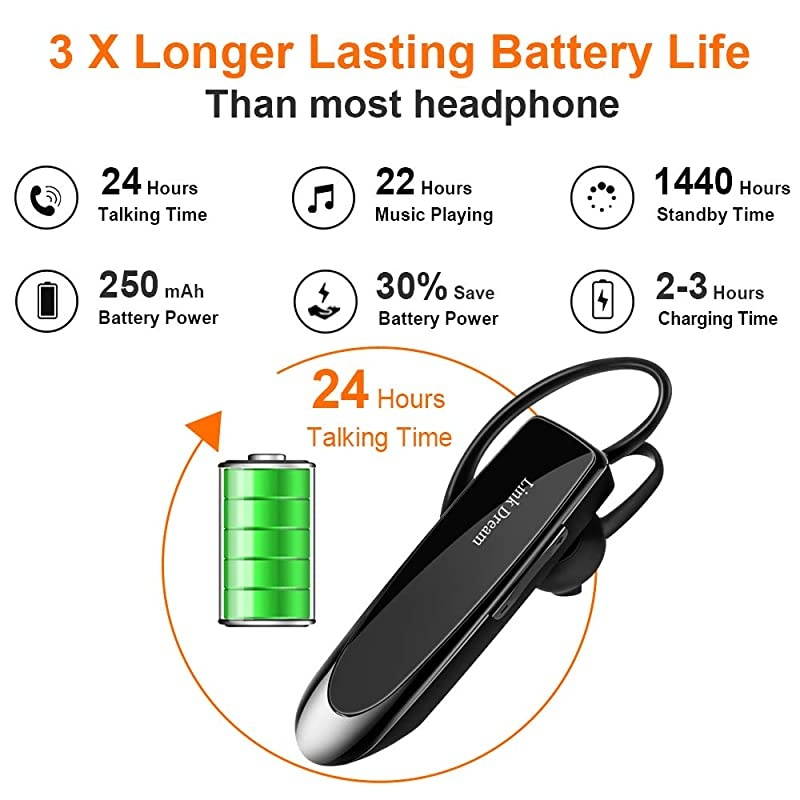 Bluetooth Earpiece for Cell Phone Hands Free Wireless Headset Noise Cancelling Mic 24Hrs Talking 1440Hrs Standby Compatible with iPhone Samsung Android for Driver Trucker 2 Pack