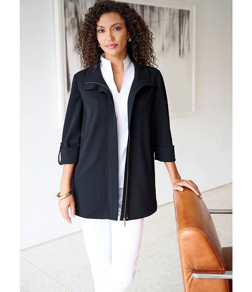 Ming Wang Deco Crepe 3/4 Sleeve Zip-Front Shirt Jacket