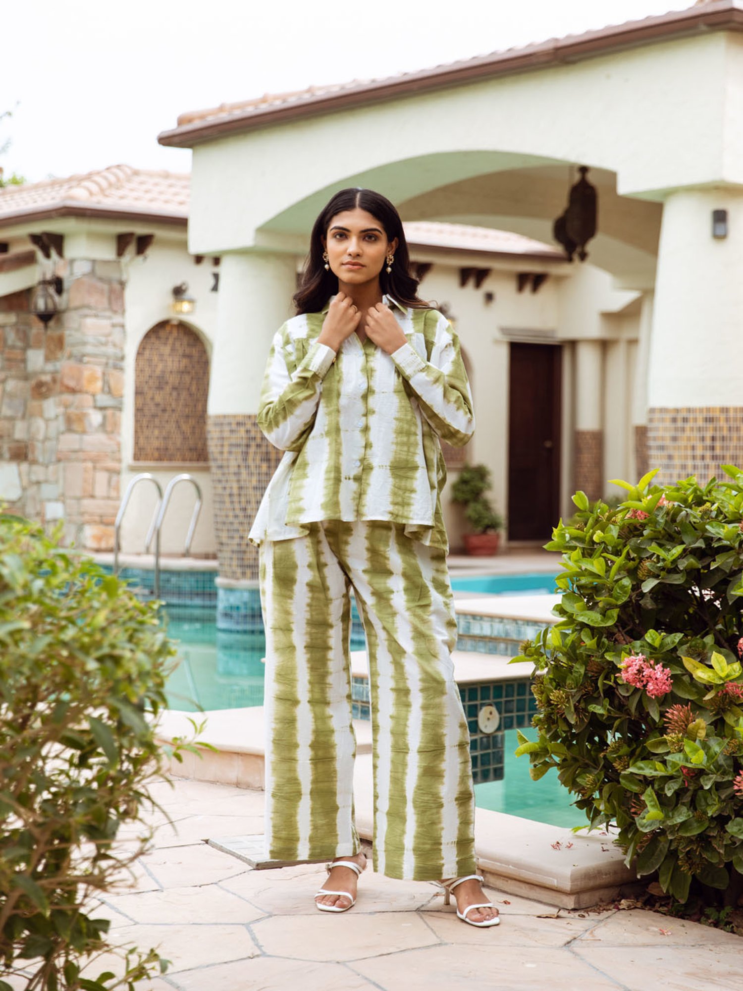 Asrumo White Green Tie Dye Cotton Coord Set