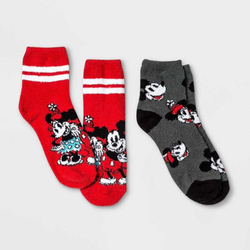 Women's Mickey & Minnie Mouse Cozy 2pk Ankle Socks - Red/Gray 4-10