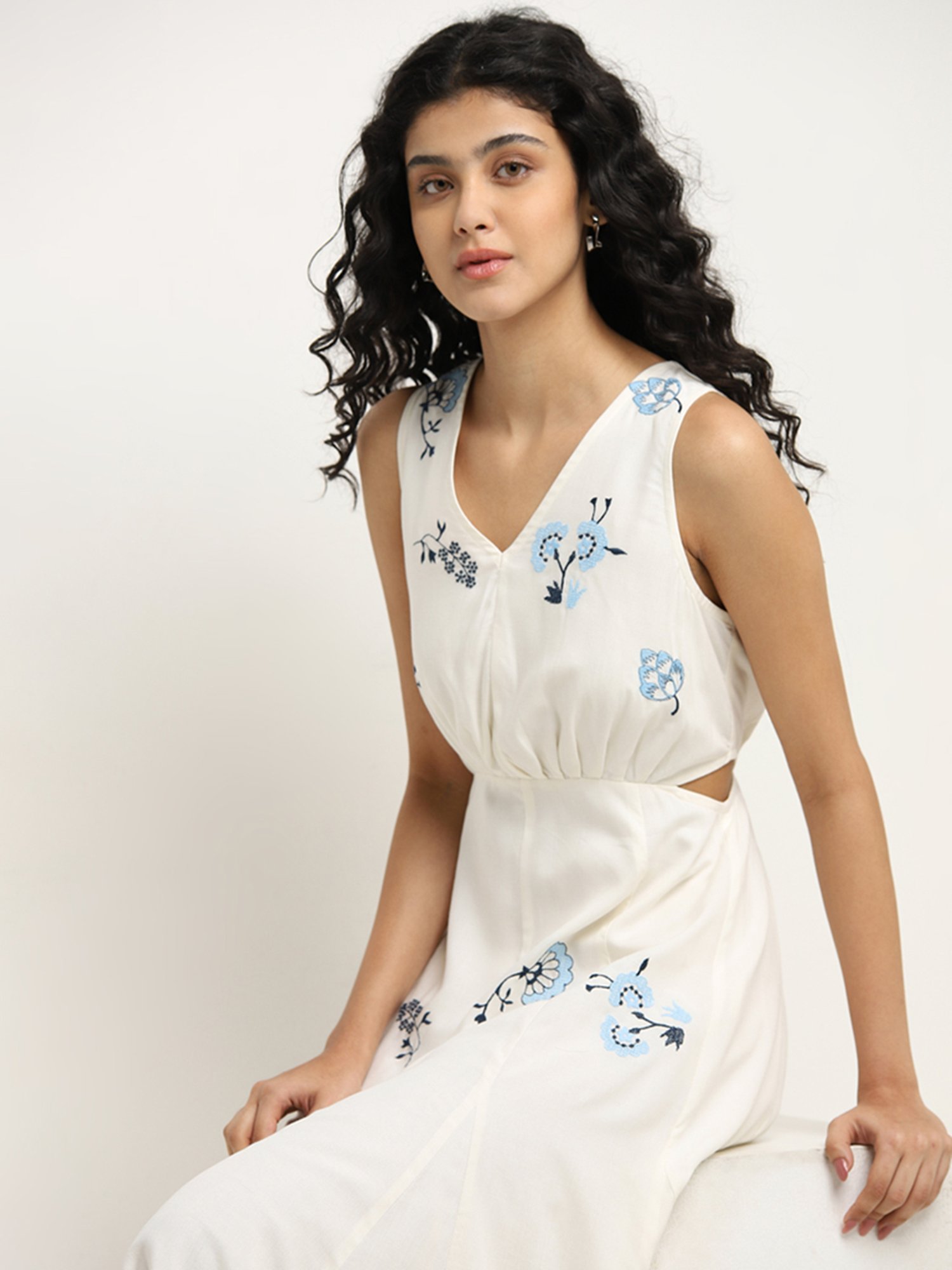 Bombay Paisley by Westside Ivory Embroidered Cut-out A-Line Dress