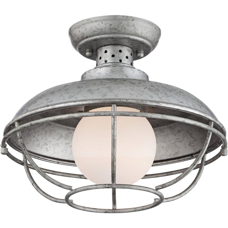 Franklin Iron Works Rustic Farmhouse Outdoor Ceiling Light Galvanized Steel Cage 12" White Glass Orb for Exterior House Porch