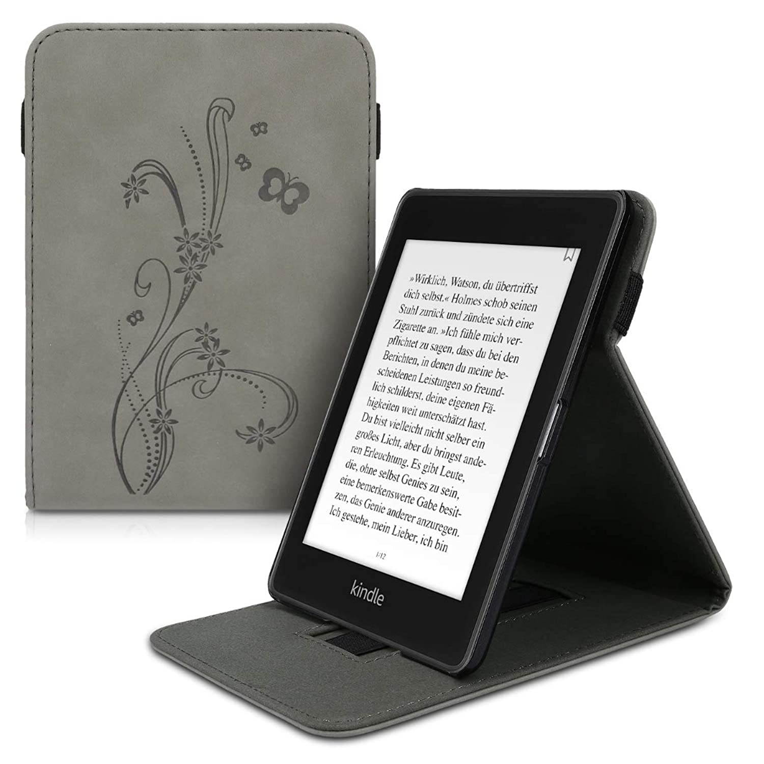 kwmobile Cover Compatible with Amazon Kindle Paperwhite (10. Gen - 2018) - Faux Nubuck Leather e-Reader Case with Built-in Hand Strap and Stand - Butterfly Tendril Grey