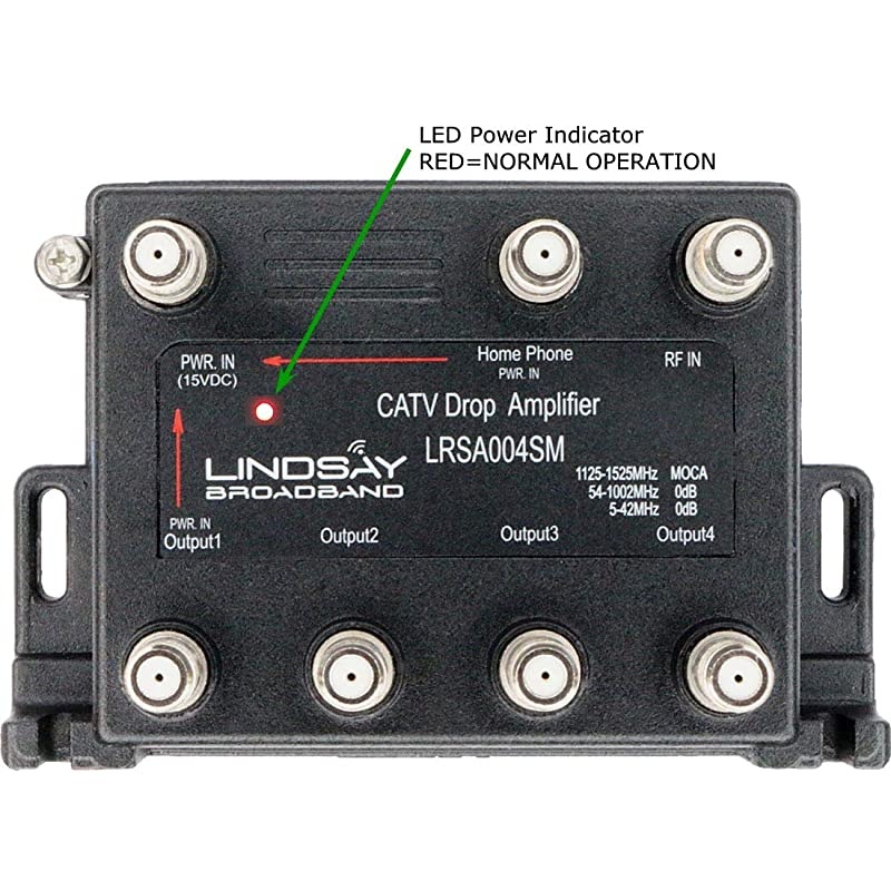 Cable TV/Internet Digital Signal Amplifier/Booster/Splitter with Unity Gain, Modem Bypass Port and MoCA Support, F59 Terminators (Lindsay LRSA004SM)