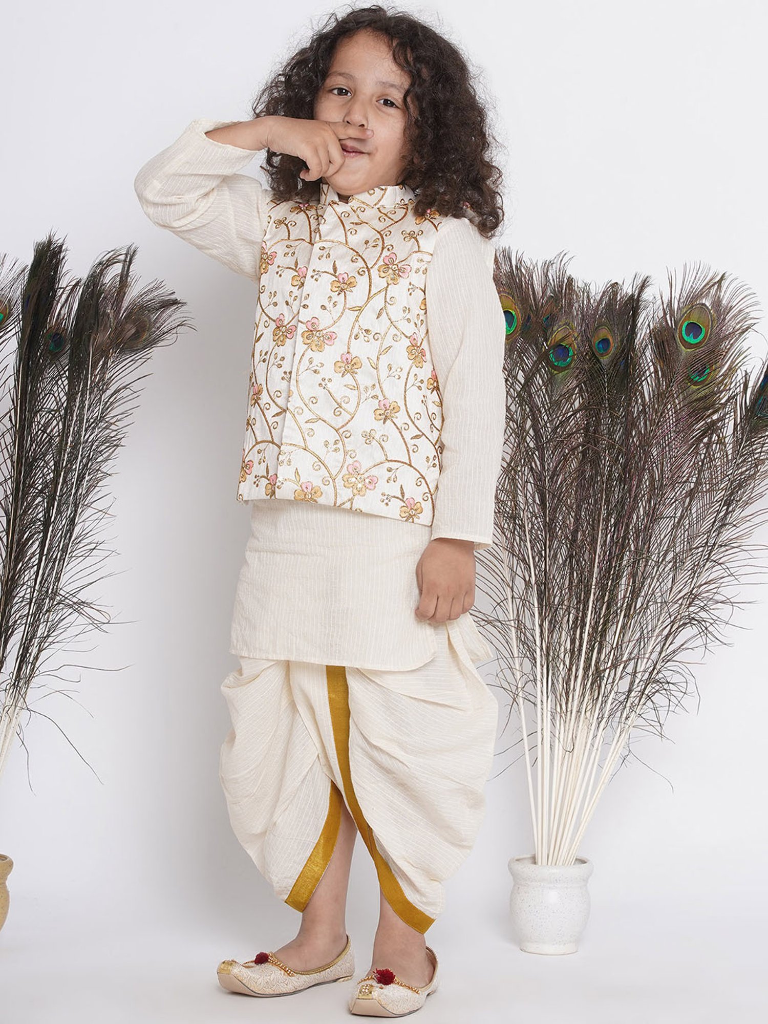 Little Bansi Kids Cream Embroidered Full Sleeves Kurta , Jacket with Dhoti
