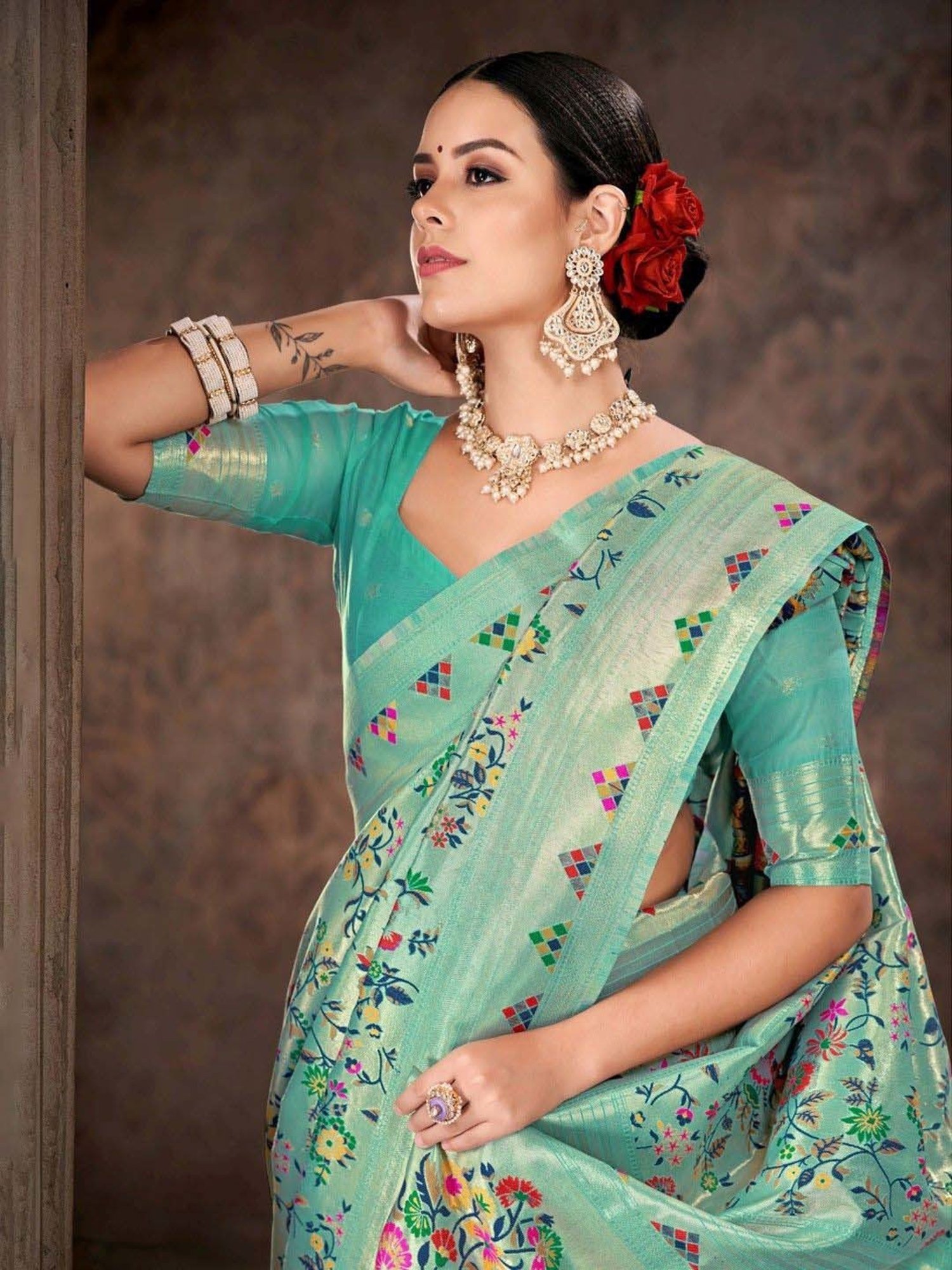 Silk Land Turquoise Embroidered Saree With Unstitched Blouse