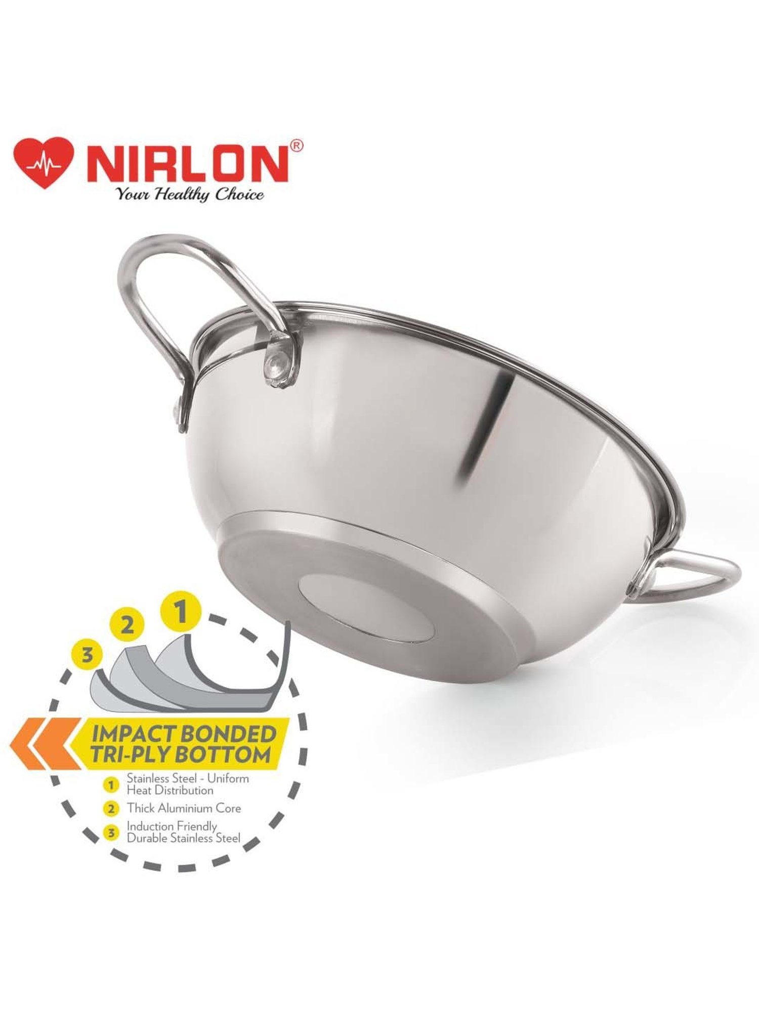 Nirlon Deluex Silver Stainless Steel 24 cm Induction Deep Kadhai With Steel Lid (3.2 L)
