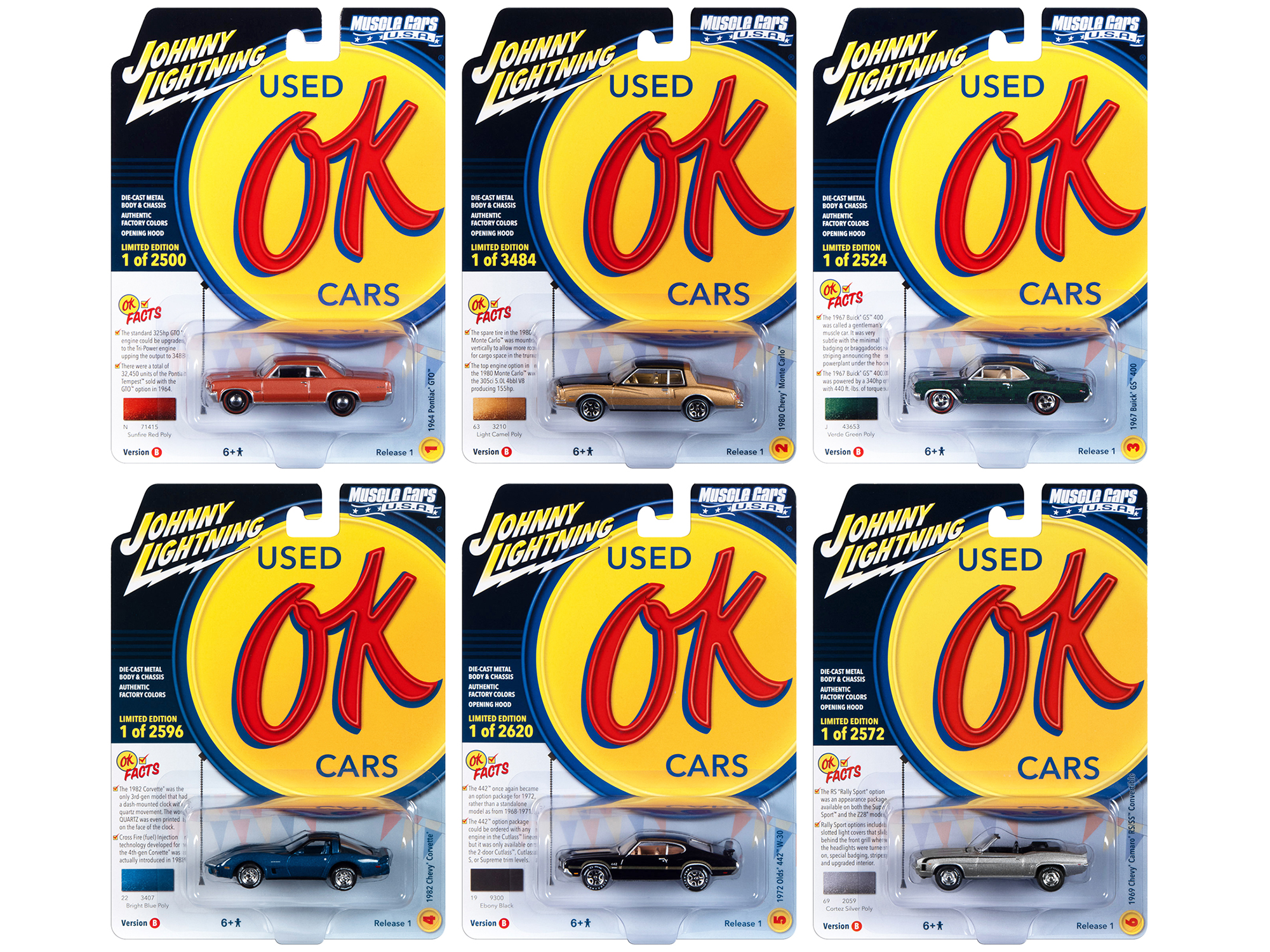 "Muscle Cars USA" 2023 Set B of 6 pieces Release 1 "OK Used Cars" 1/64 Diecast Model Cars by Johnny Lightning