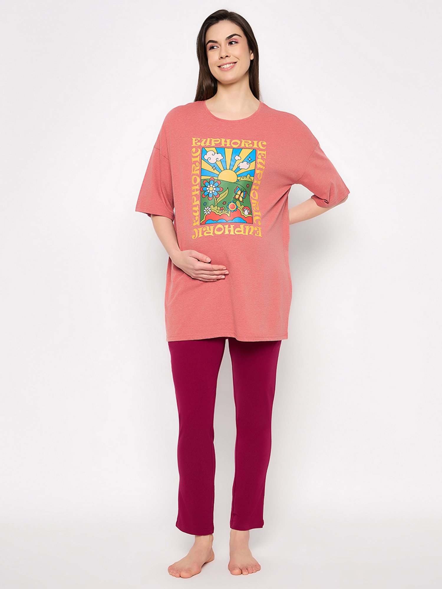 Clovia Yellow & Pink Graphic Print Maternity Top With Pyjamas