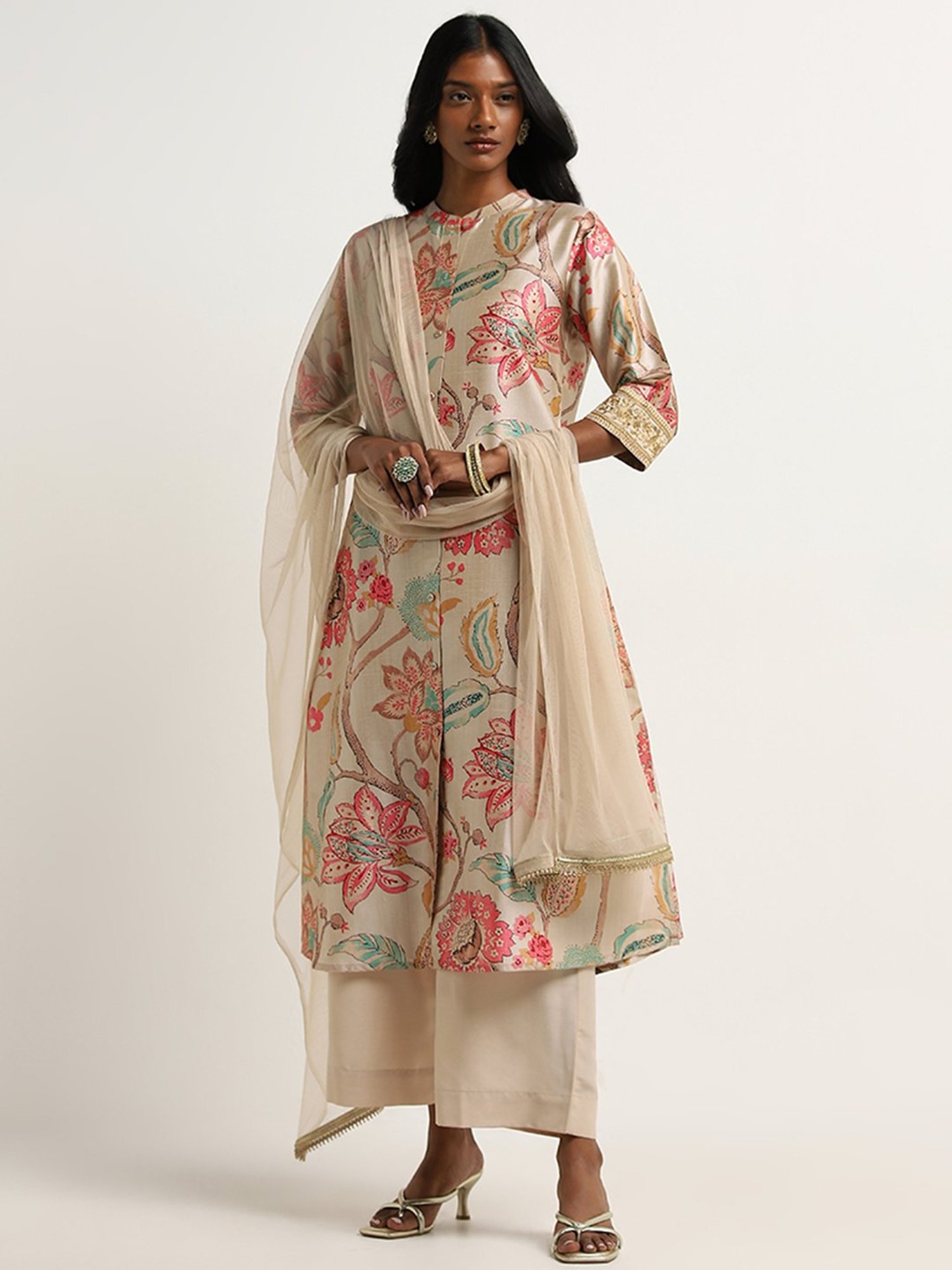 Vark by Westside Beige Floral Printed Kurta, Palazzos and Dupatta Set