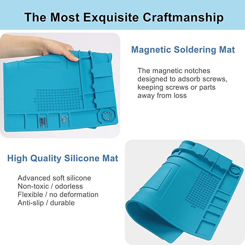 Mat Large Magnetic Silicone Solder Mat Heat Resistant 932&deg;F Electronics Mat with Tools Parts Organizer Storage for Solder Station Phone Ipad and Computer 177x 118 Blue