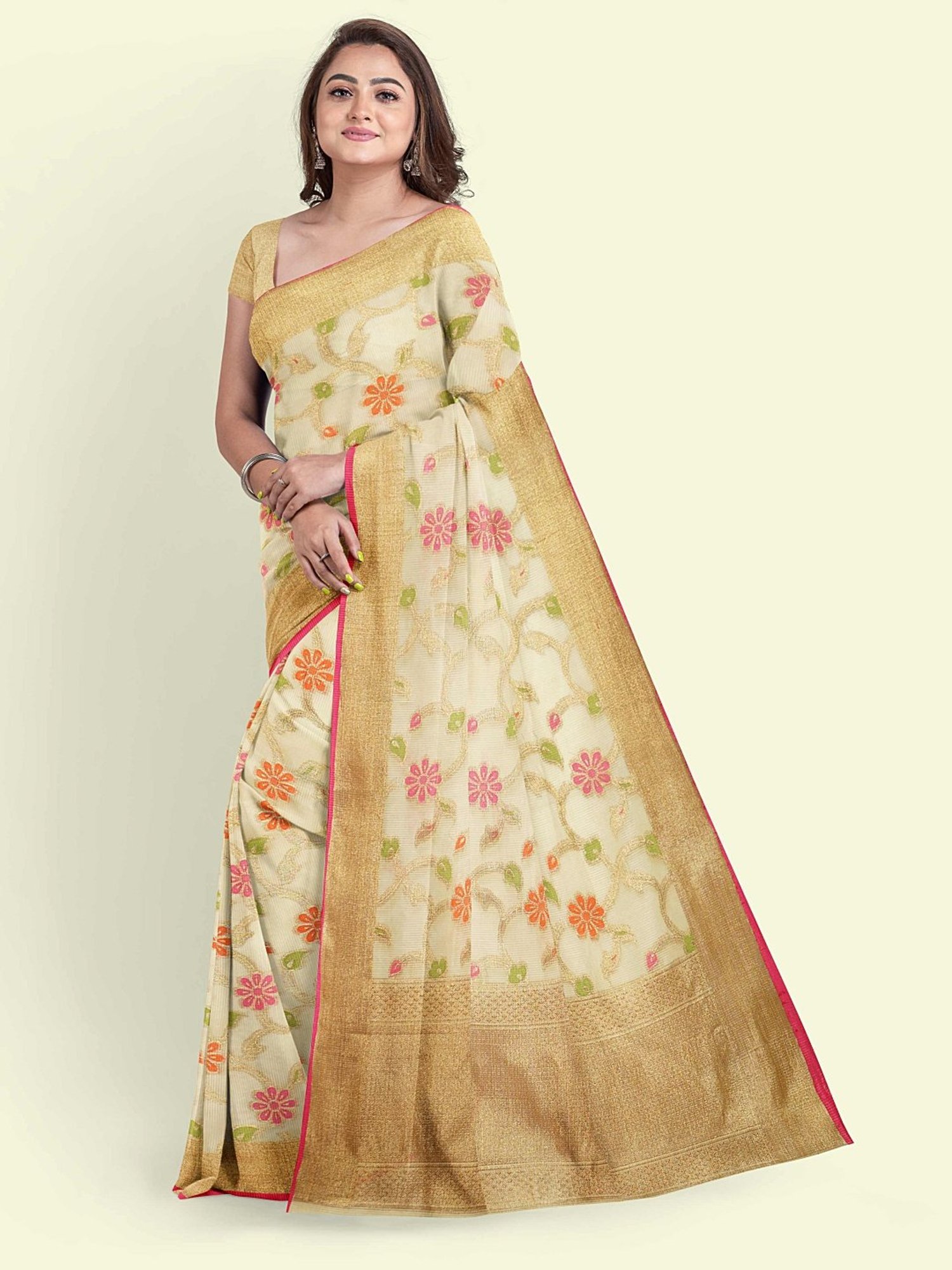 Banarasi Silk Works Beige Cotton Woven Saree With Unstitched Blouse