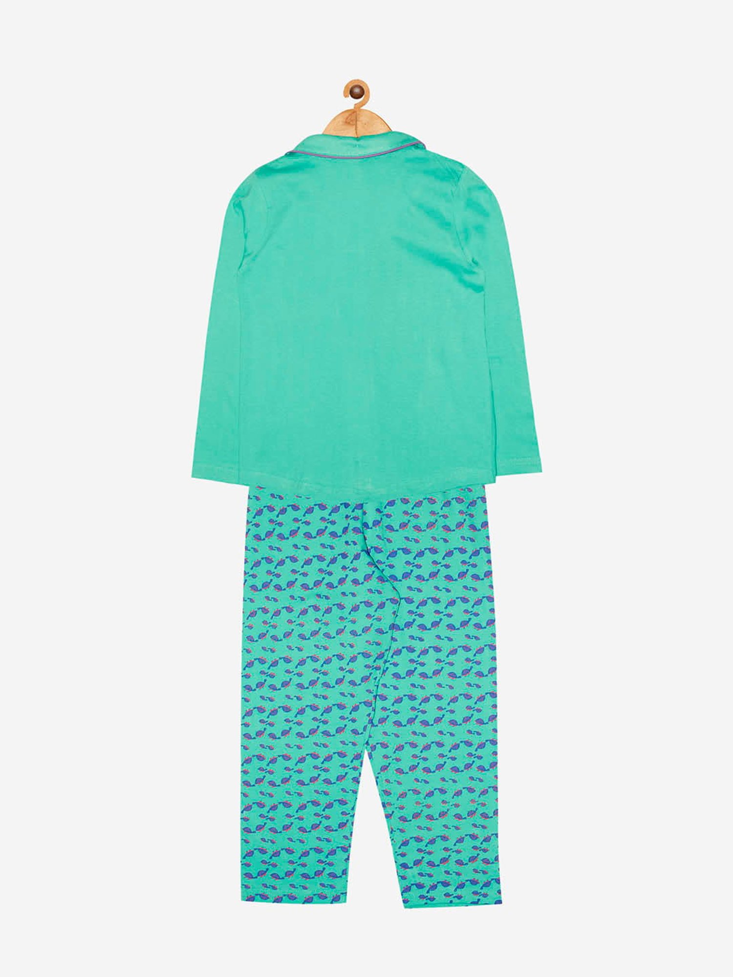 Kiddopanti Girls Green Printed Shirt with Pyjamas