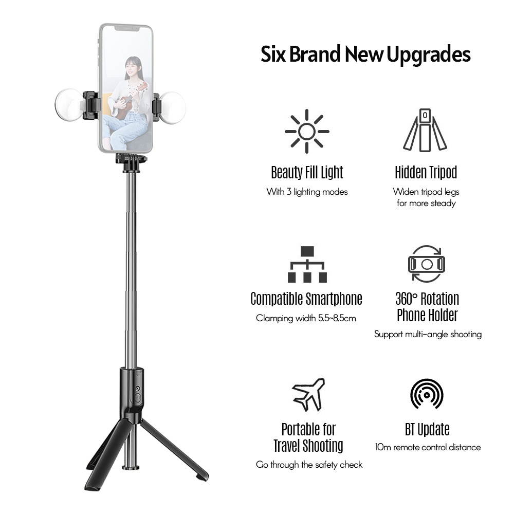 R9 Portable 5-Section Extendable Selfie Stick Integrated with 360&deg; Rotary Phone Holder Dual LED Ring Lights Tripod Remote Control for Smartphone Selfie Vlogging Live Streaming Portrait Photography
