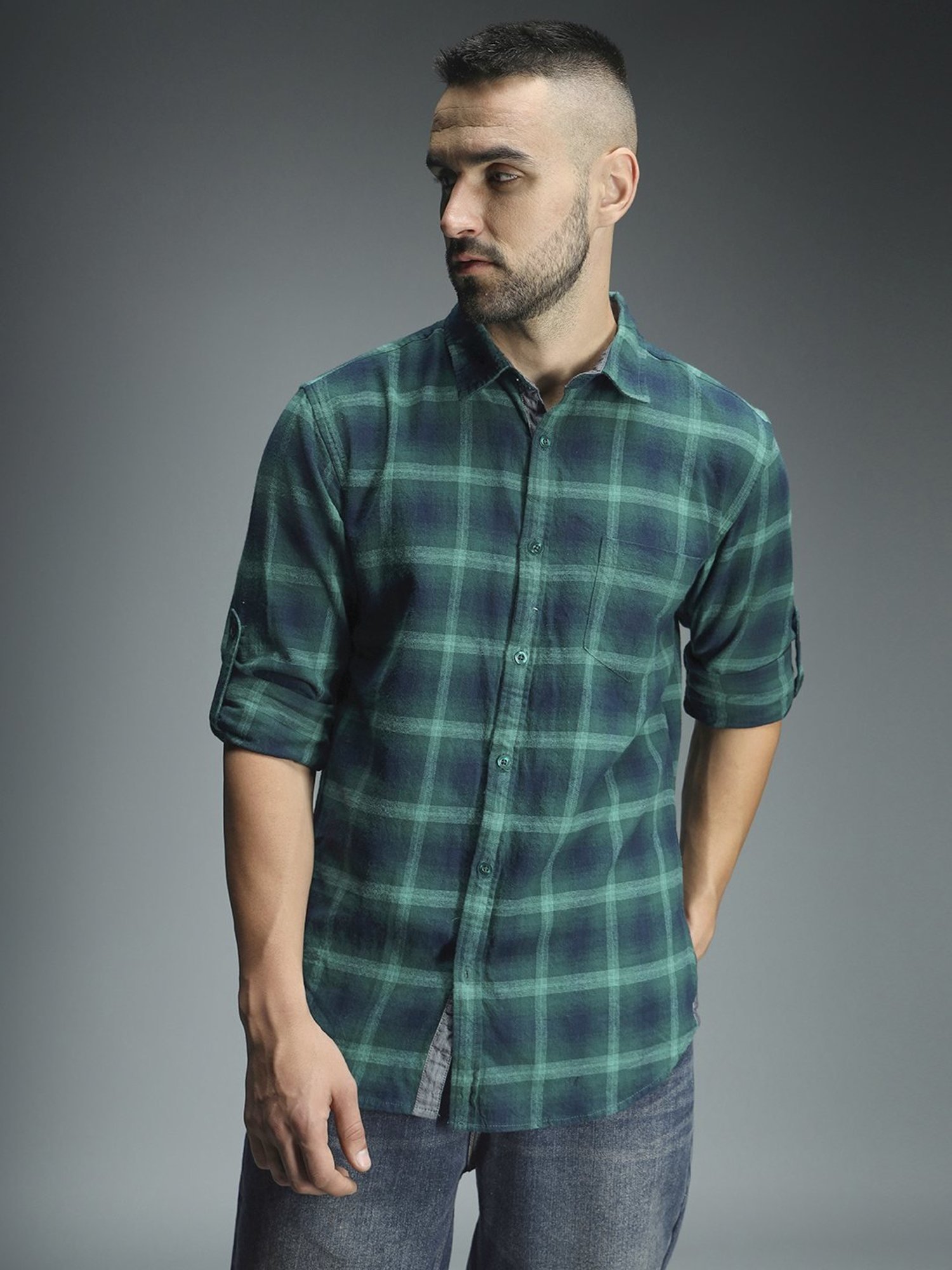 High Star Green Cotton Regular Fit Checks Shirt
