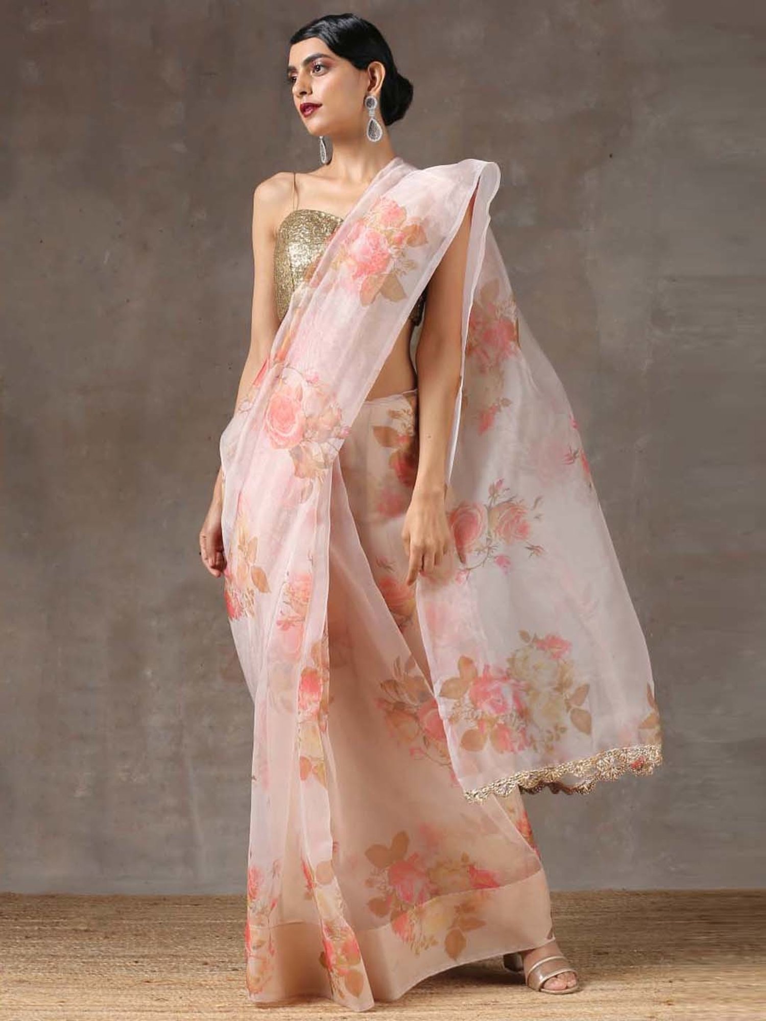 Swtantra Pink Organza Floral Print Saree
