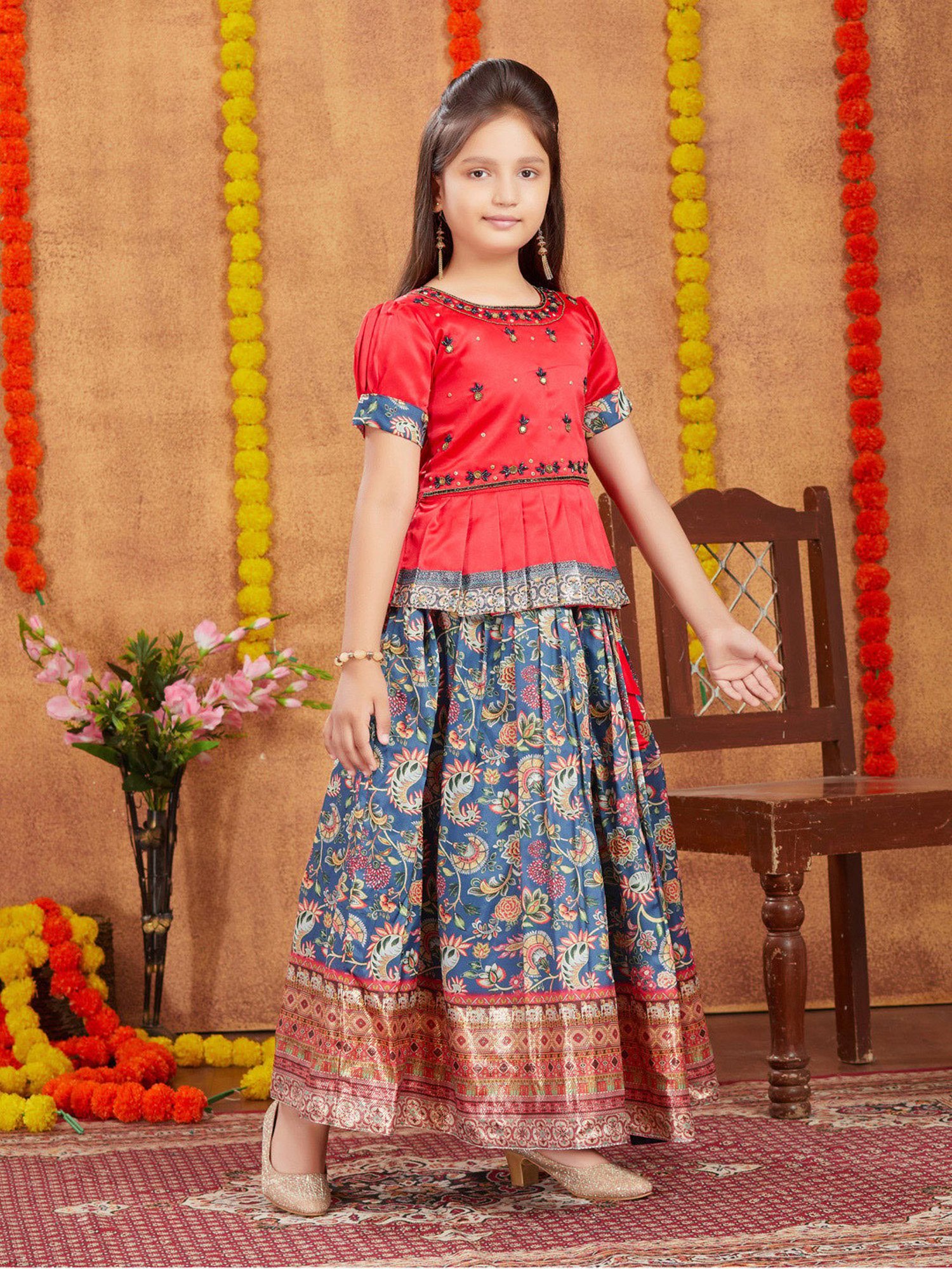 A Little Fable Kids Blue Printed Lehenga with Choli & Dupatta