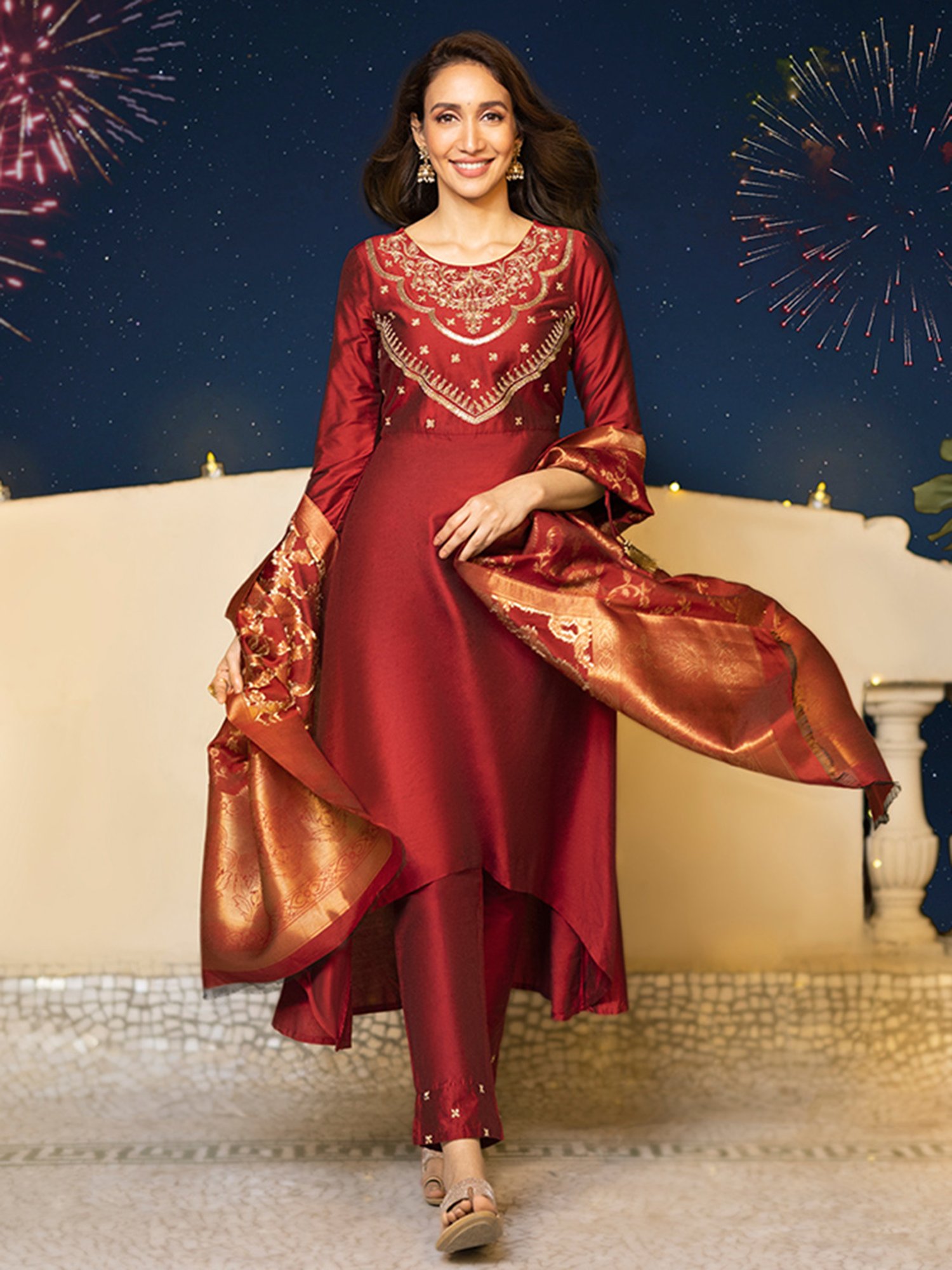 Aurelia Red Embroidered Kurta Pant Set With Dupatta