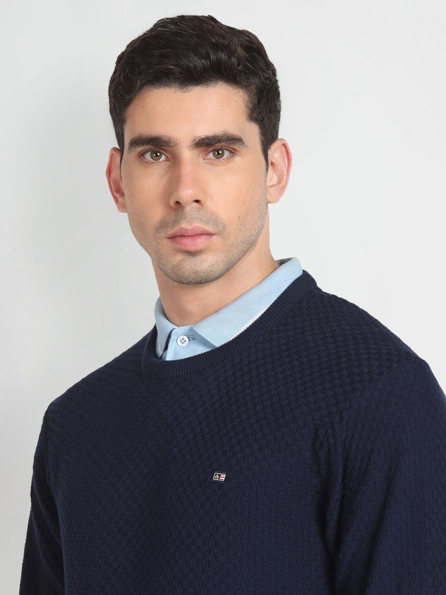 Arrow Sport Navy Blue Cotton Regular Fit Self Pattern Sweater