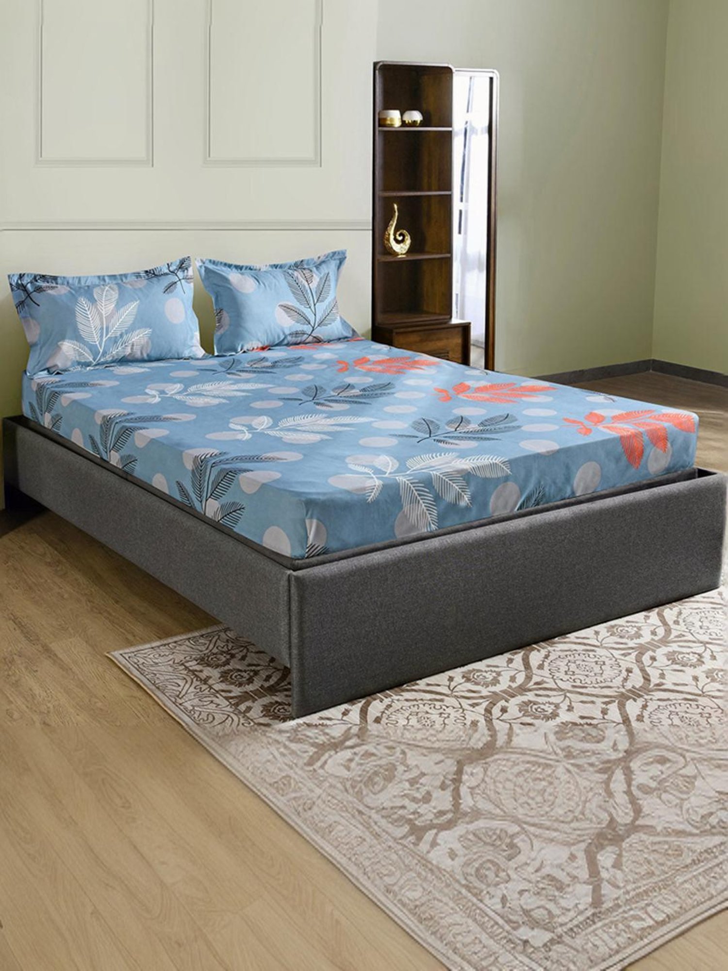 @Home Ammara Blue & Grey 90 GSM Polyester Double Bedsheet with 2 Pillow Covers