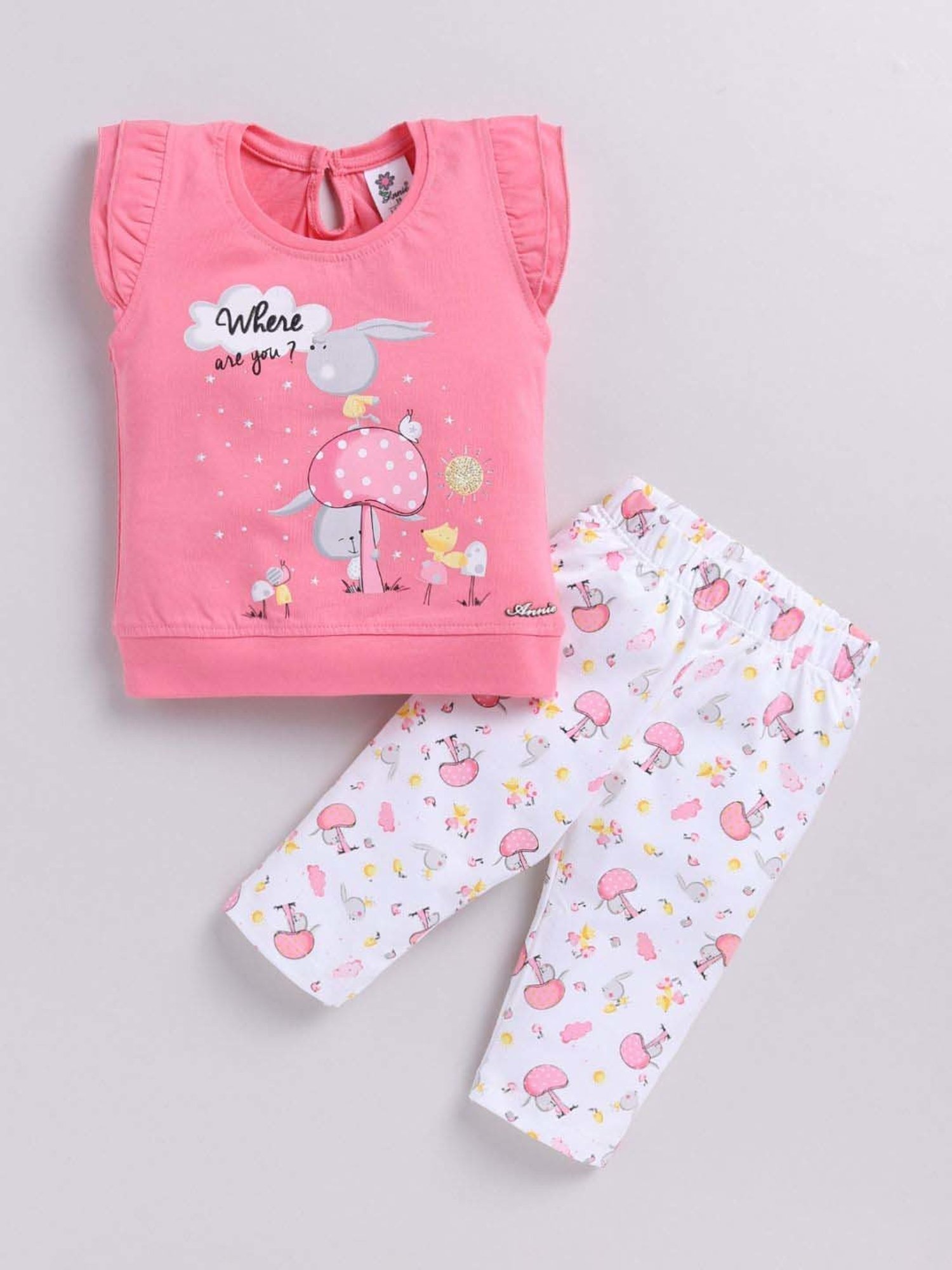 ANNIE Girls Pink Cotton Printed Co-ord set