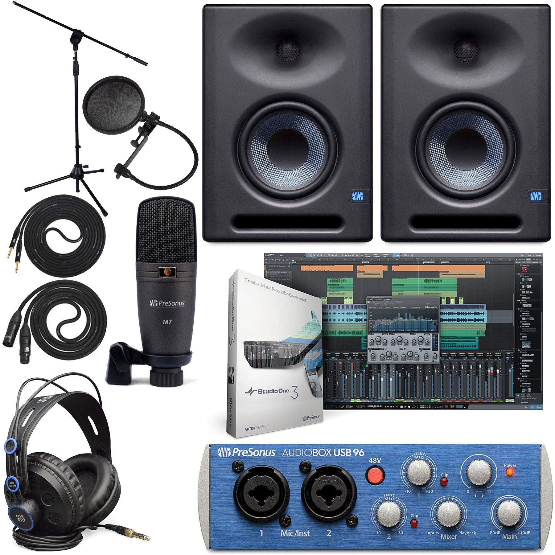 Presonus AudioBox 96 Audio Interface Full Studio Bundle with Studio One Artist Software Pack with Eris E5 XT Pair 2-Way Studio Monitors with EBM Wave Guide Design and 1/4&rdquo; Instrument Cable